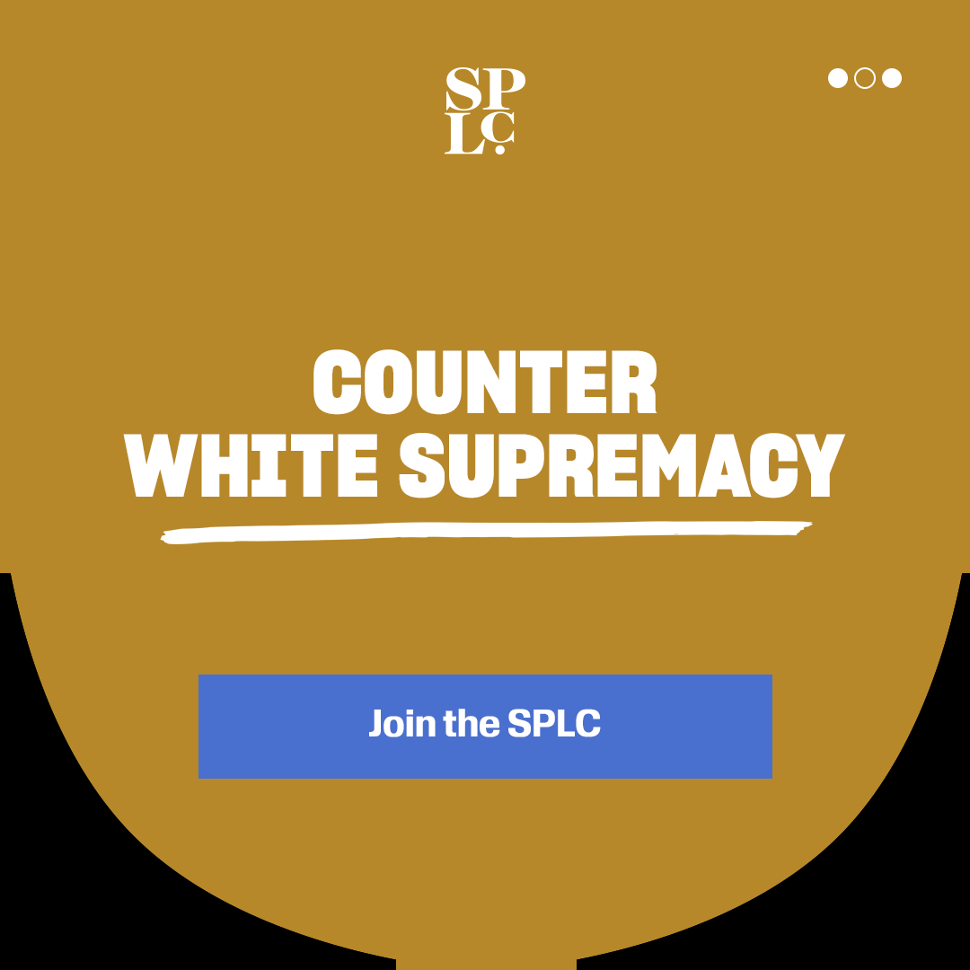 A circular graphic with a gold background, text stating 'Counter White Supremacy' and a blue button underneath that reads 'Join the SPLC'.