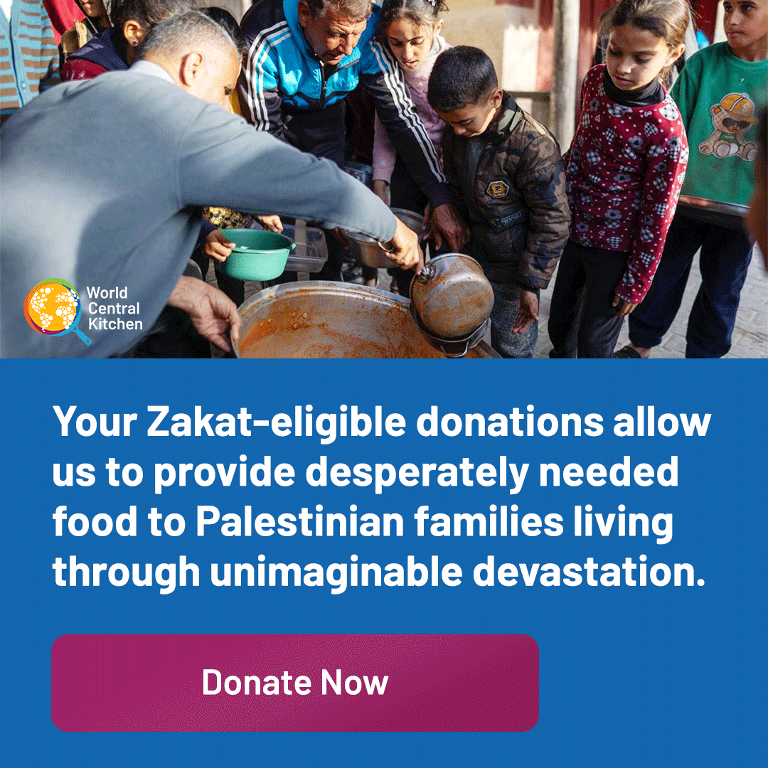 A group of people, including children and adults, serving food from a large pot outside. Some are using ladles to dish out food, with a boy in a camouflage jacket holding a metal bowl. The scene promotes donations to help Palestinian families through World Central Kitchen.