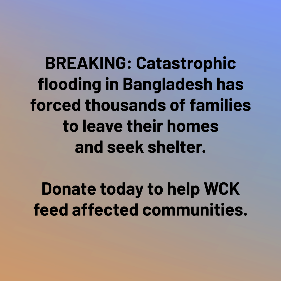 Text overlay on a gradient background with a message about flooding in Bangladesh and a call to donate to help feed affected communities.