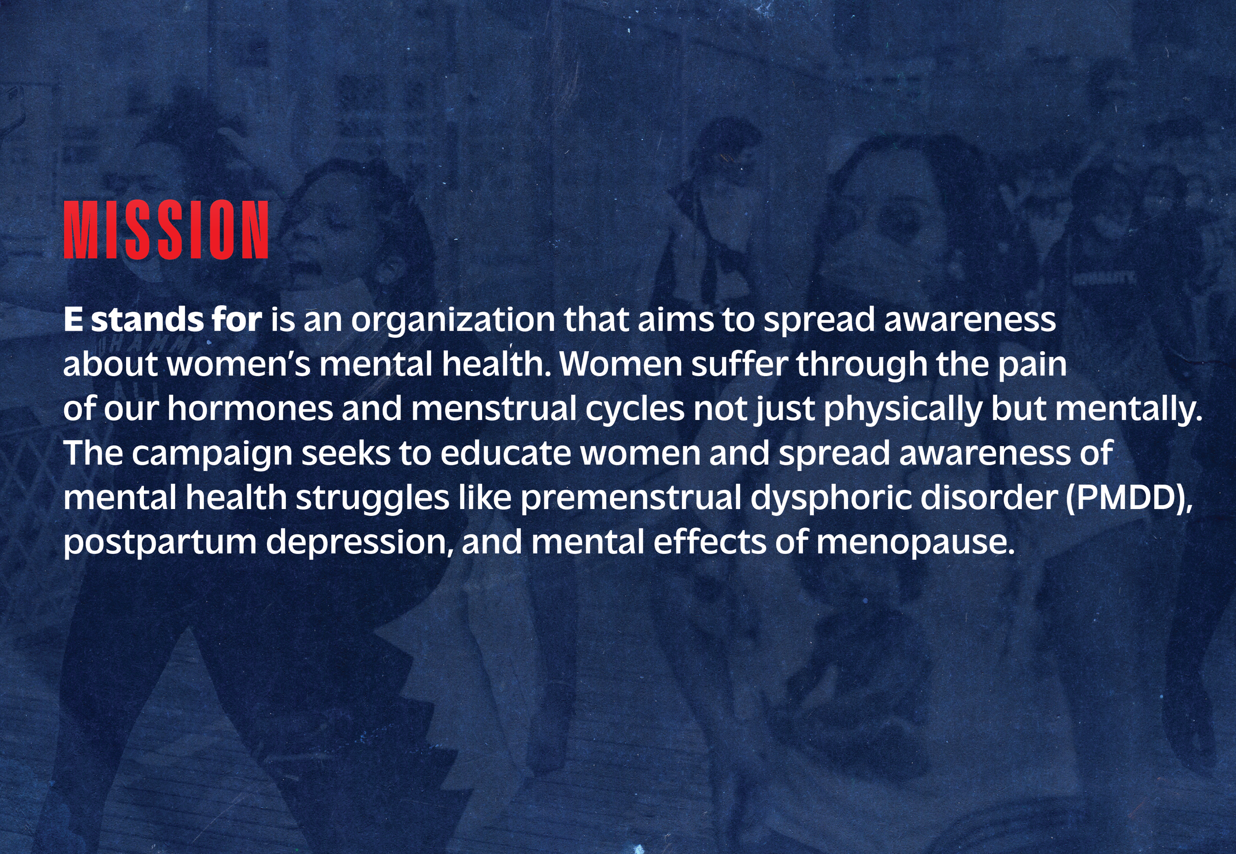 A poster with a blue background showing a group of women, some with glasses, standing together in the background. The text on the poster reads: 'MISSION' in large red letters, followed by a paragraph describing an organization aimed at raising awareness about women's mental health issues.