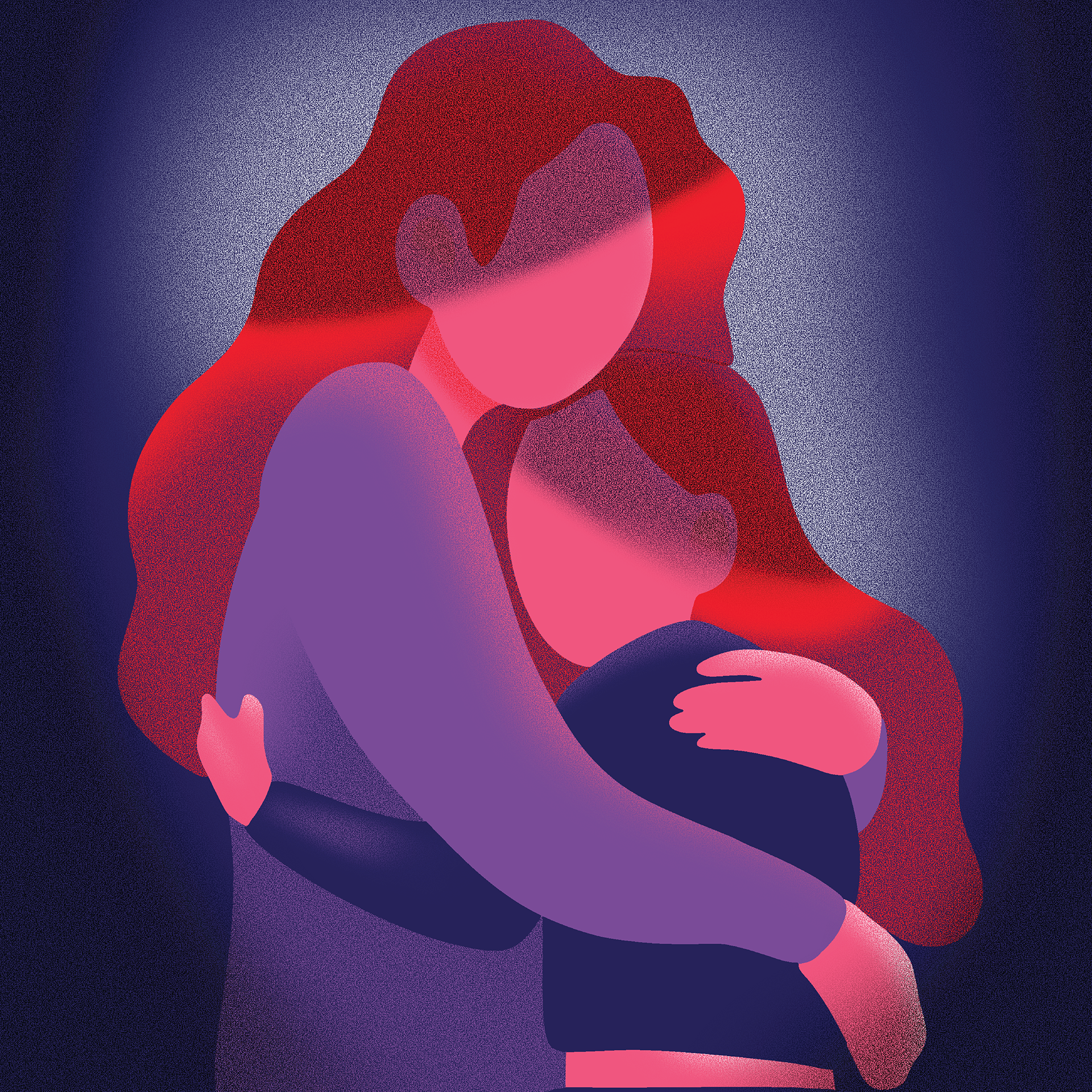 Abstract digital illustration of a woman with long hair, depicted in shades of pink, purple, and red, with a dark gradient background.