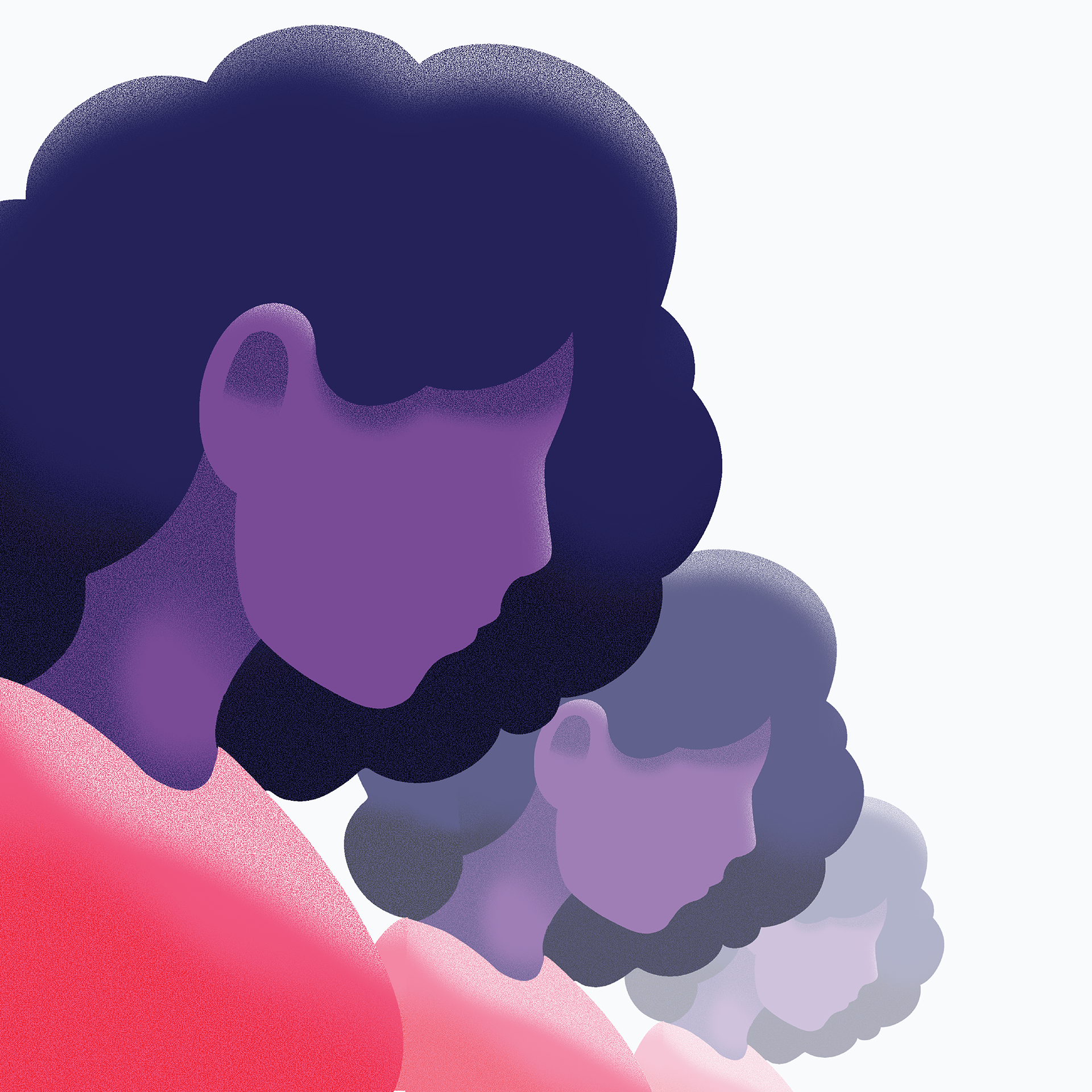 Abstract digital art featuring purple and black cloud-like shapes on a light background with a diagonal red gradient at the bottom left corner.