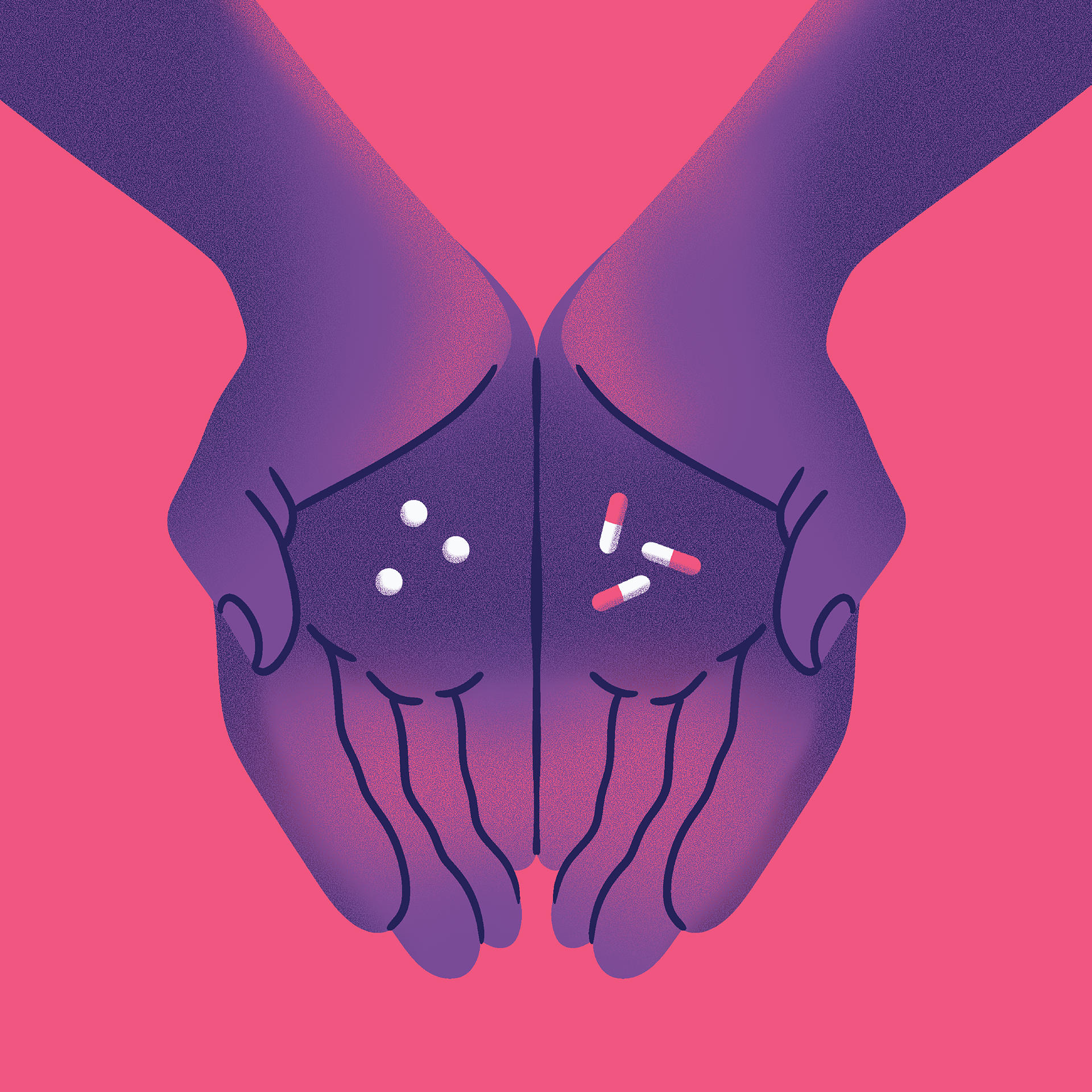 Stylized illustration of two purple hands holding pills on a pink background.
