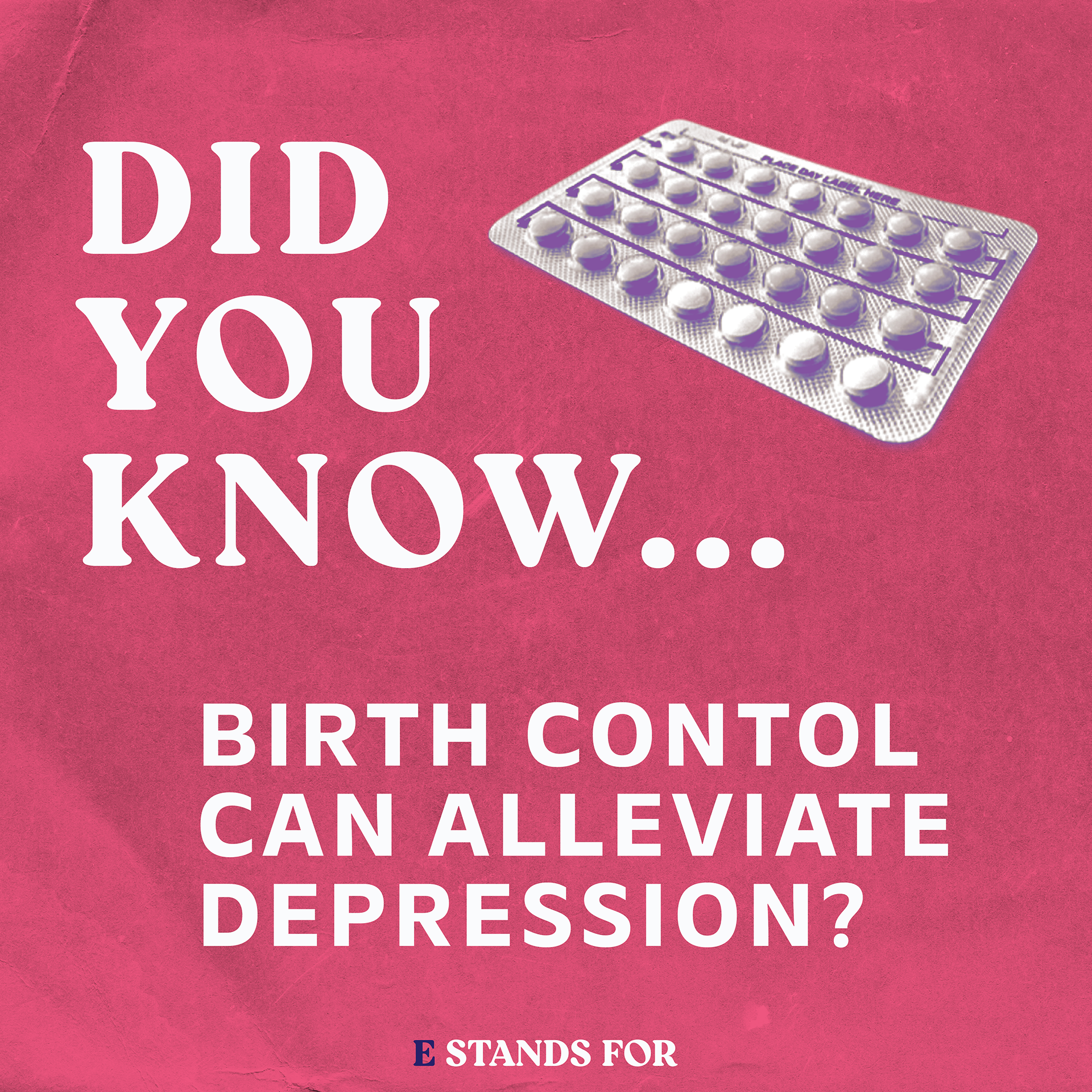 A pink background with white text asking about the meaning of the letter 'E' in a medical context, with a blister pack of pills on the right side.