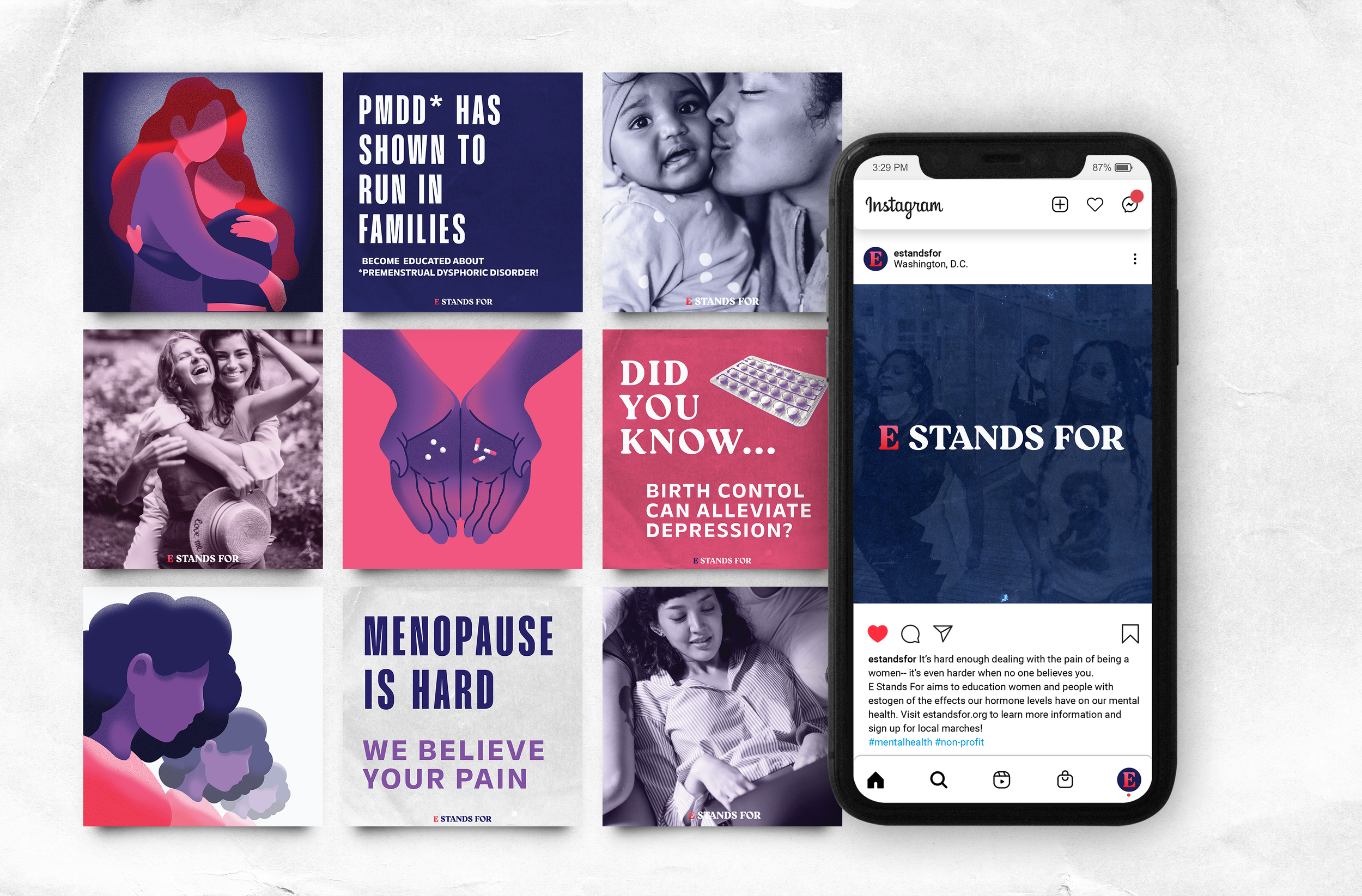 A collection of social awareness images, including a woman and child hugging, a poster about premarstrual dysphoric disorder, a woman kissing a child, a girl holding a hat, a graphic of two hands with pills, and a poster about birth control and depression. A smartphone with an Instagram post from a page called 'estandsfor' is visible, showing posts related to mental health and women's issues.