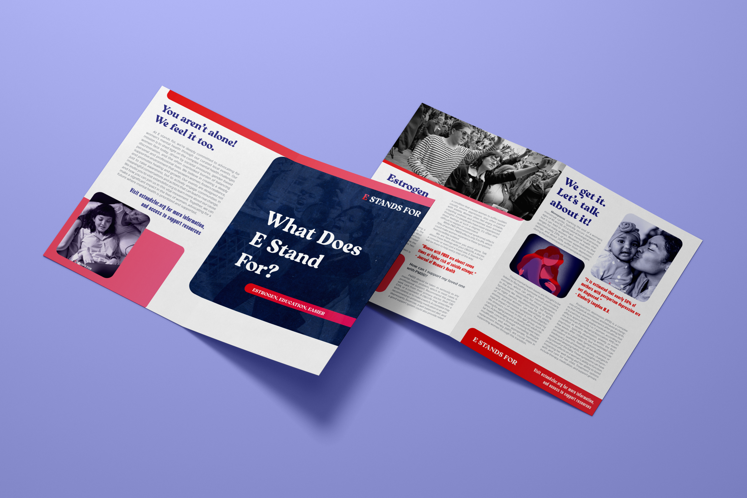 A brochure with information about estrogen and women's health, featuring a headline that says 'You aren't alone! We feel it too.' and images of women at a rally and a girl resting.