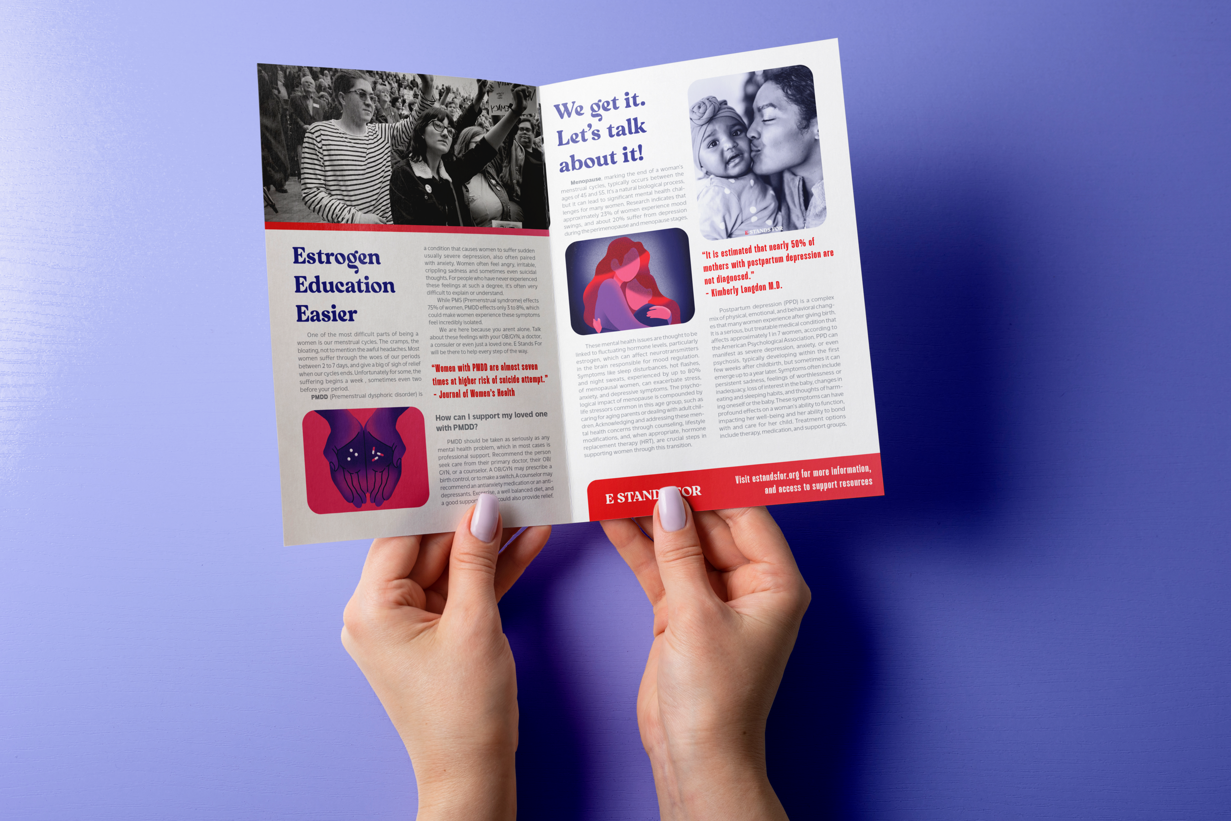 A person holding a pamphlet or brochure with text and images on a purple background.