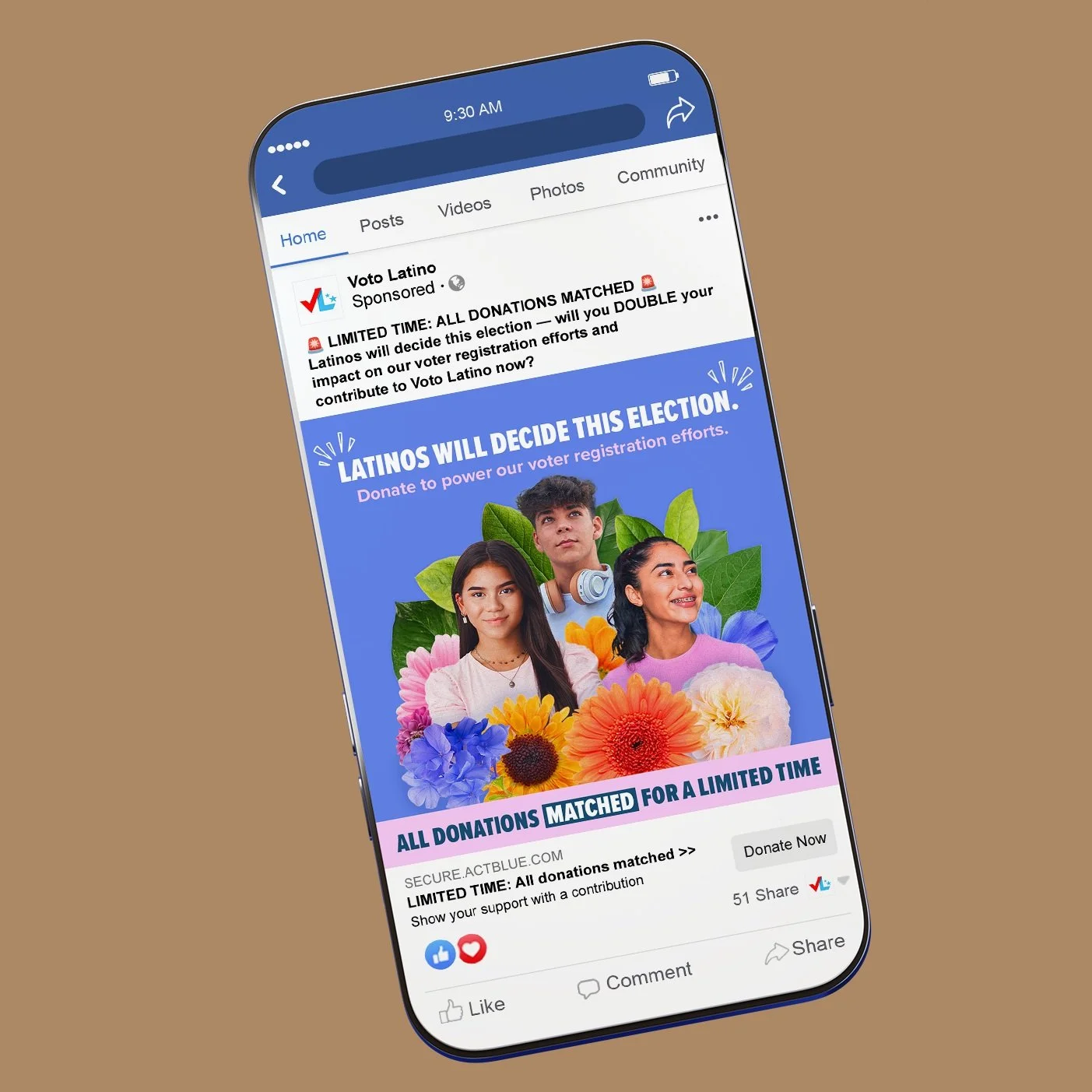 A smartphone screen displays a Facebook post from Voto Latino, promoting donations to support Latino voter registration efforts for an upcoming election. The post features an image of three diverse young people surrounded by colorful flowers, with the headline 'Latinos will decide this election.' The post encourages donations with limited-time matching funds.