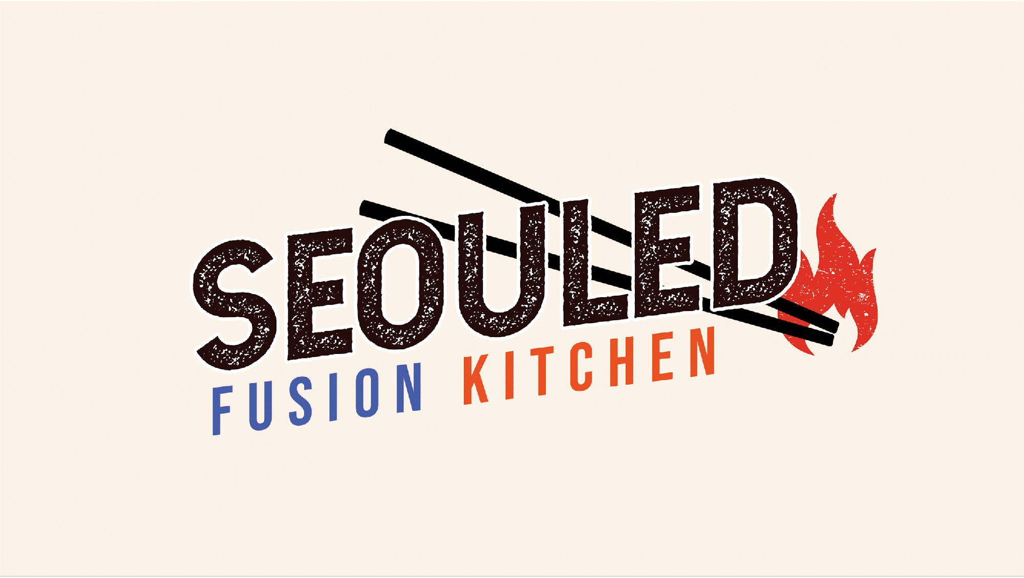 Logo for Sequelled Fusion Kitchen with a broken chopstick and a flame.