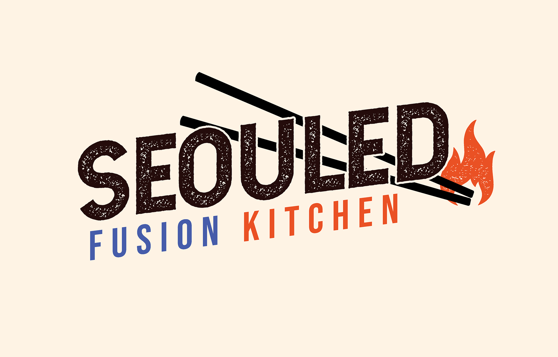 Logo of a restaurant called 'Seoul-Fed' with a stylized BBQ skewer with flames on the right side