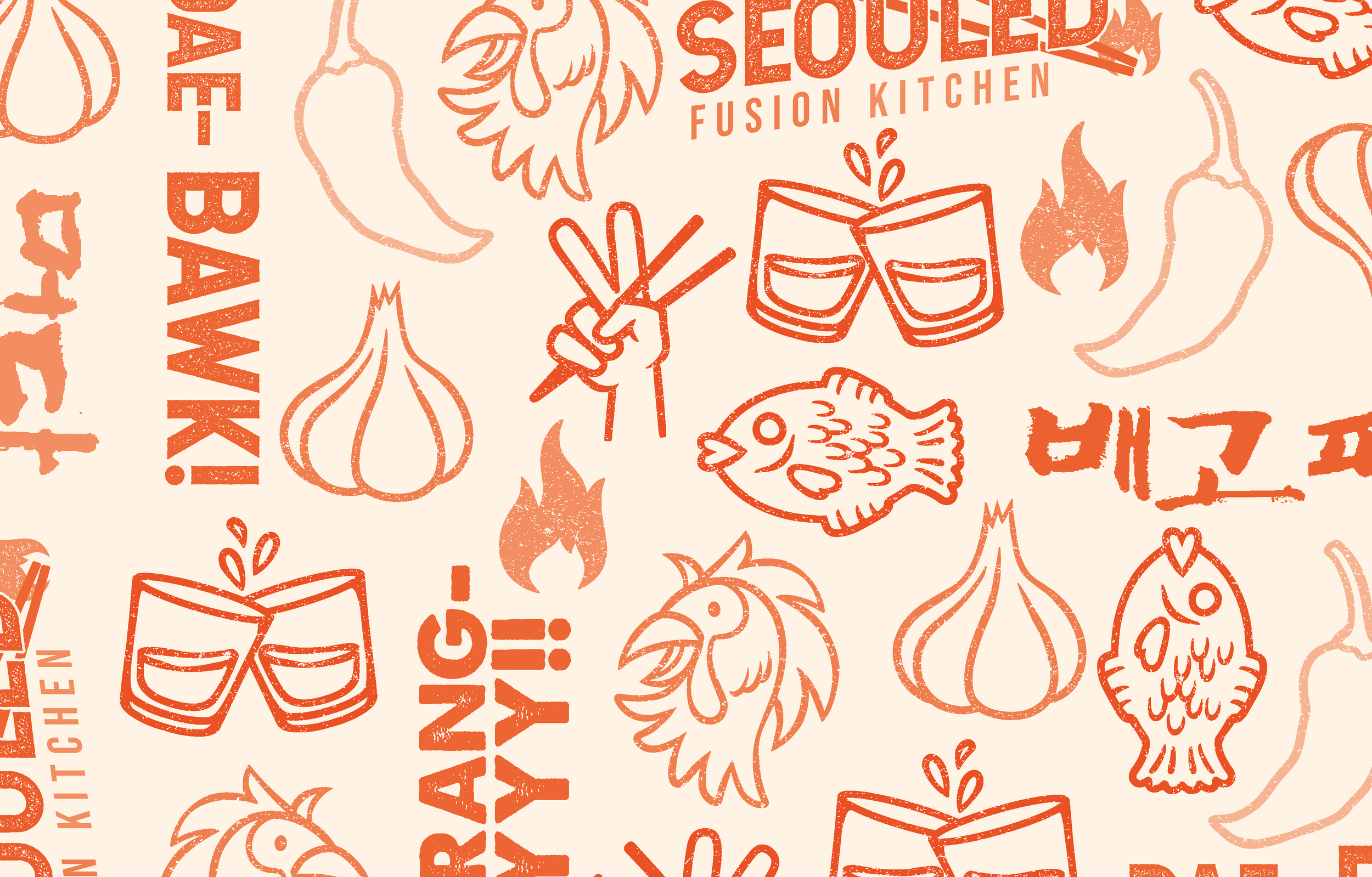 Pattern of line drawings in orange on a beige background, featuring wine glasses, fish, garlic, peppers, chili peppers, flames, and text related to a kitchen. The words include "The BBQ," "Sauces," "Fusion Kitchen," and "Kitchen."
