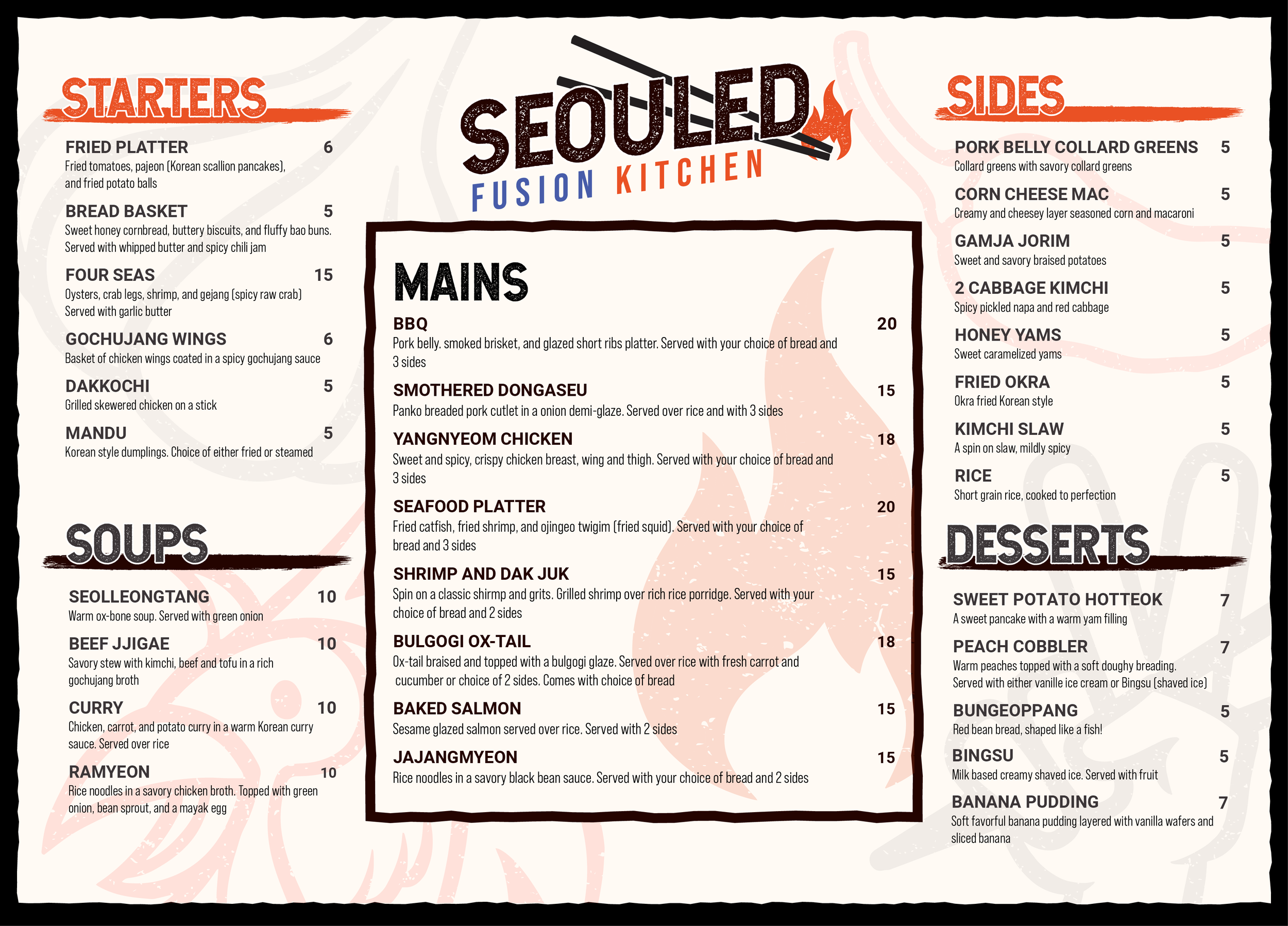 A menu from Seouled Fusion Kitchen featuring sections for starters, soups, mains, sides, and desserts with various Korean-inspired dishes listed.