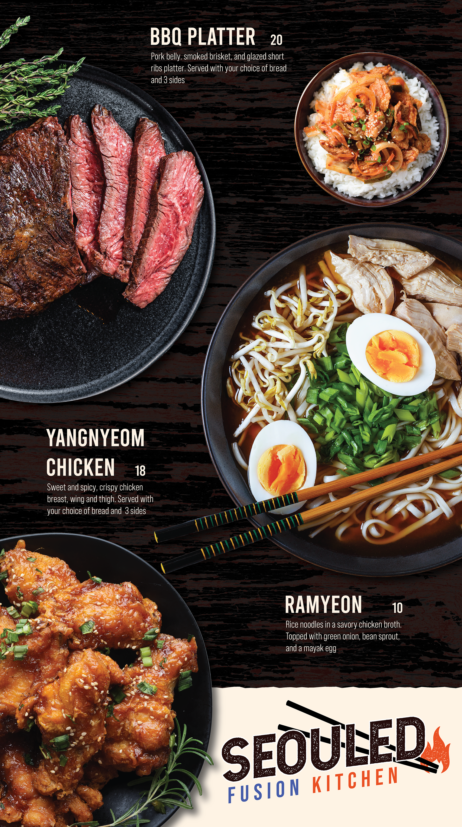 A menu with images of Korean dishes: BBQ Platter with sliced steak, rice bowl with vegetables and eggs, and Korean fried chicken with green onion and sesame seeds.