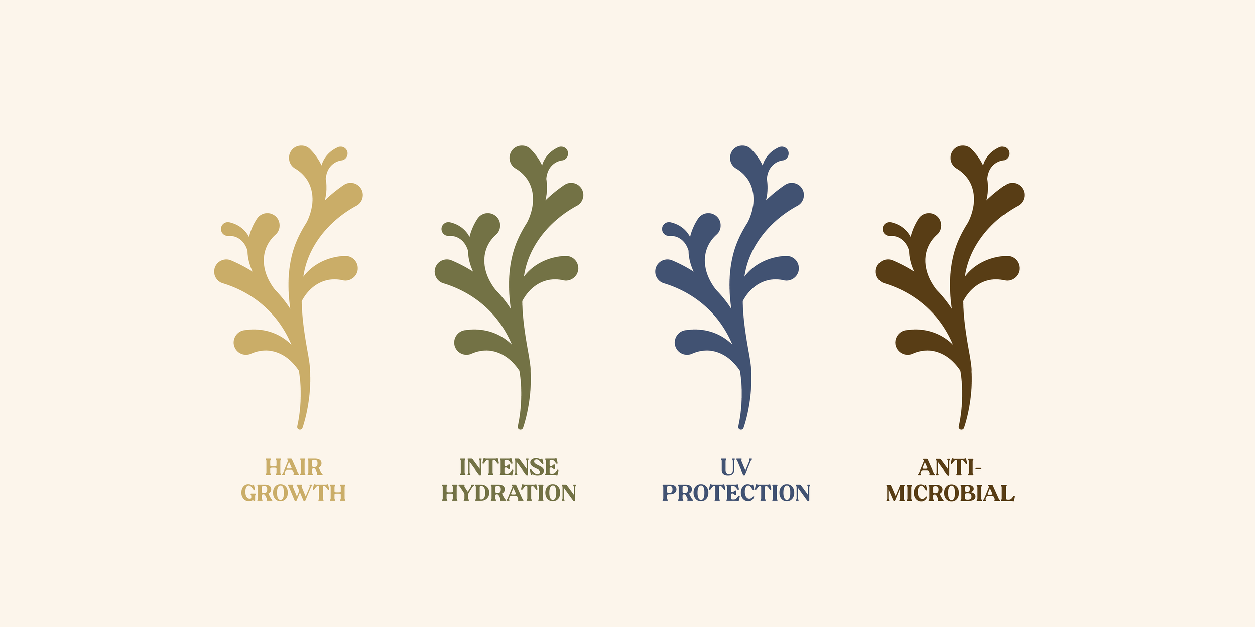 Four colorful plant illustrations with labels: 'Hair Growth', 'Intense Hydration', 'UV Protection', 'Anti-Microbial'.