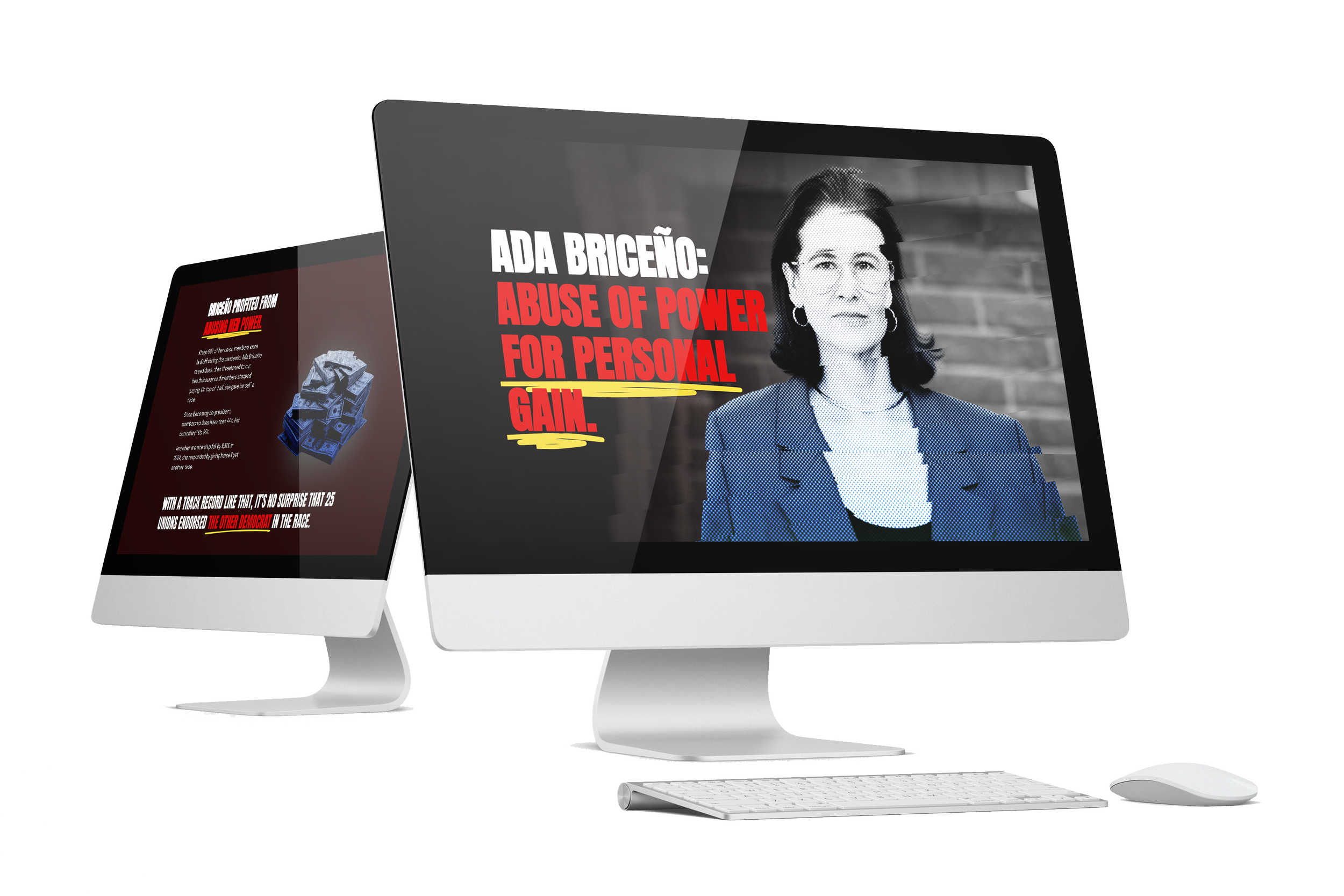 Two computer monitors, one displaying a black and white image of a woman and bold red and yellow text that reads 'ADA BRICENO: ABUSE OF POWER FOR PERSONAL GAIN', the other showing a digital graphic of stacked money with accompanying text.