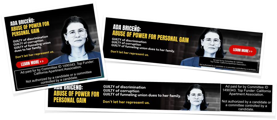 Three political advertisements warning against abuse of power for personal gain, featuring a woman with glasses and dark hair, with black and yellow text, and a red 'Learn More' button.
