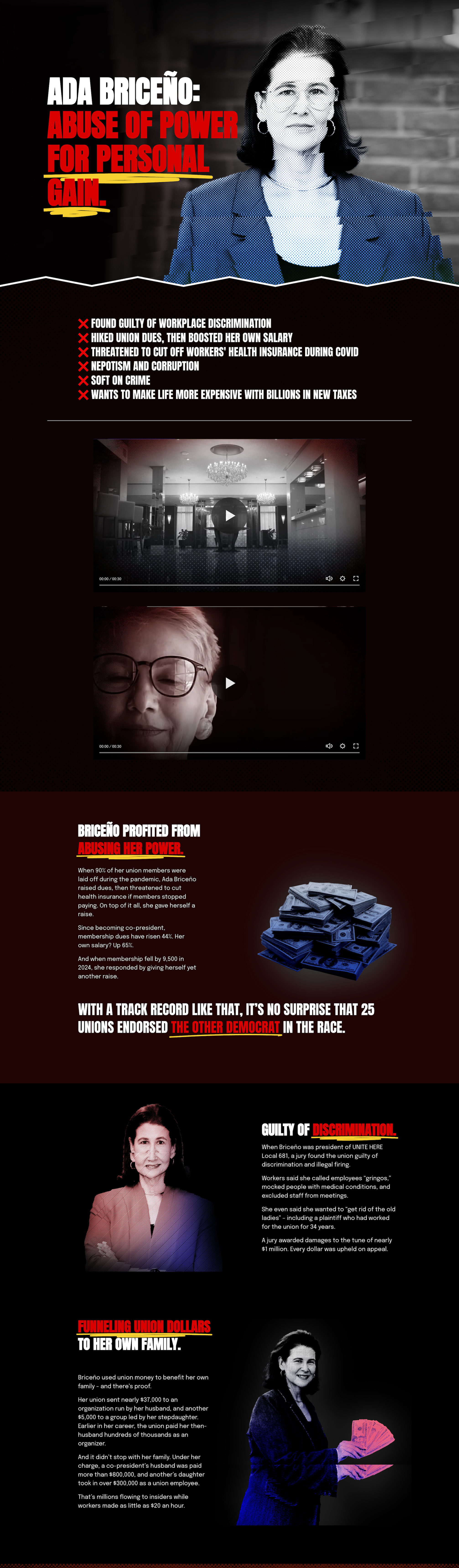 A political infographic featuring Ada Briceño, highlighting allegations of abuse of power for personal gain, including claims of discrimination, salary manipulation, health insurance threats, corruption, and tax evasion. The image includes a black-and-white photo of Briceño, videos, and graphics of money, with text emphasizing her alleged misconduct and union endorsements.