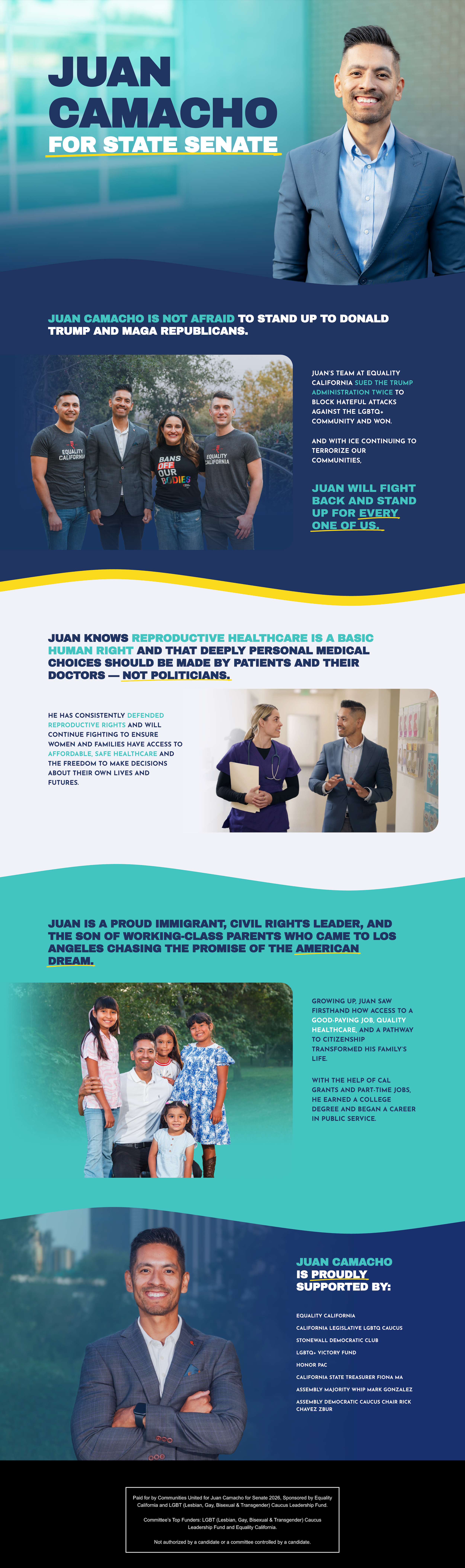 Campaign poster featuring Juan Camacho running for State Senate, with images of support groups, community members, and a background of cityscapes and nature, highlighting his advocacy for healthcare, reproductive rights, immigrant rights, and community service.