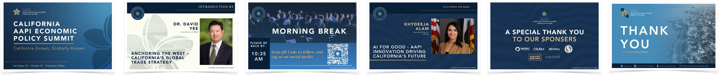 Series of slides from the California API Economic Policy Summit, including the event title, speaker introductions, a morning break QR code, a thank you slide to sponsors, and a concluding thank you slide, all with blue and white design themes.