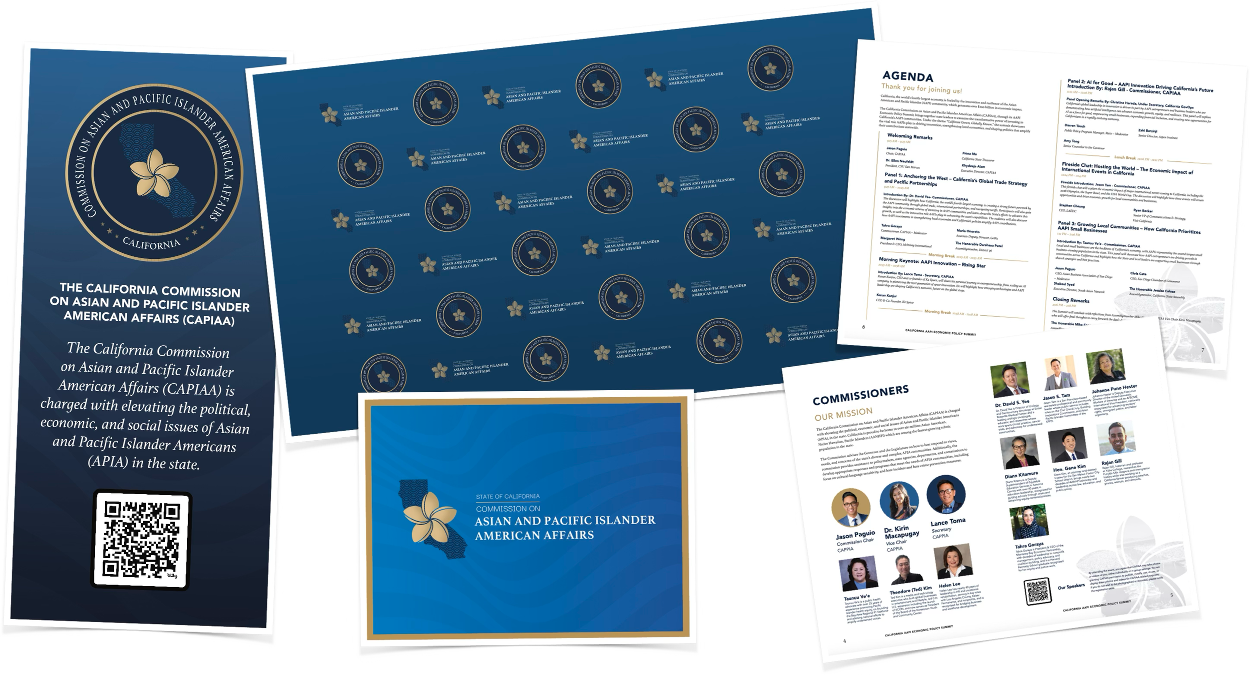 Brochures and documents related to the California Commission on Asian and Pacific Islander American Affairs (CAPIAA), including logos, agenda, and speaker profiles