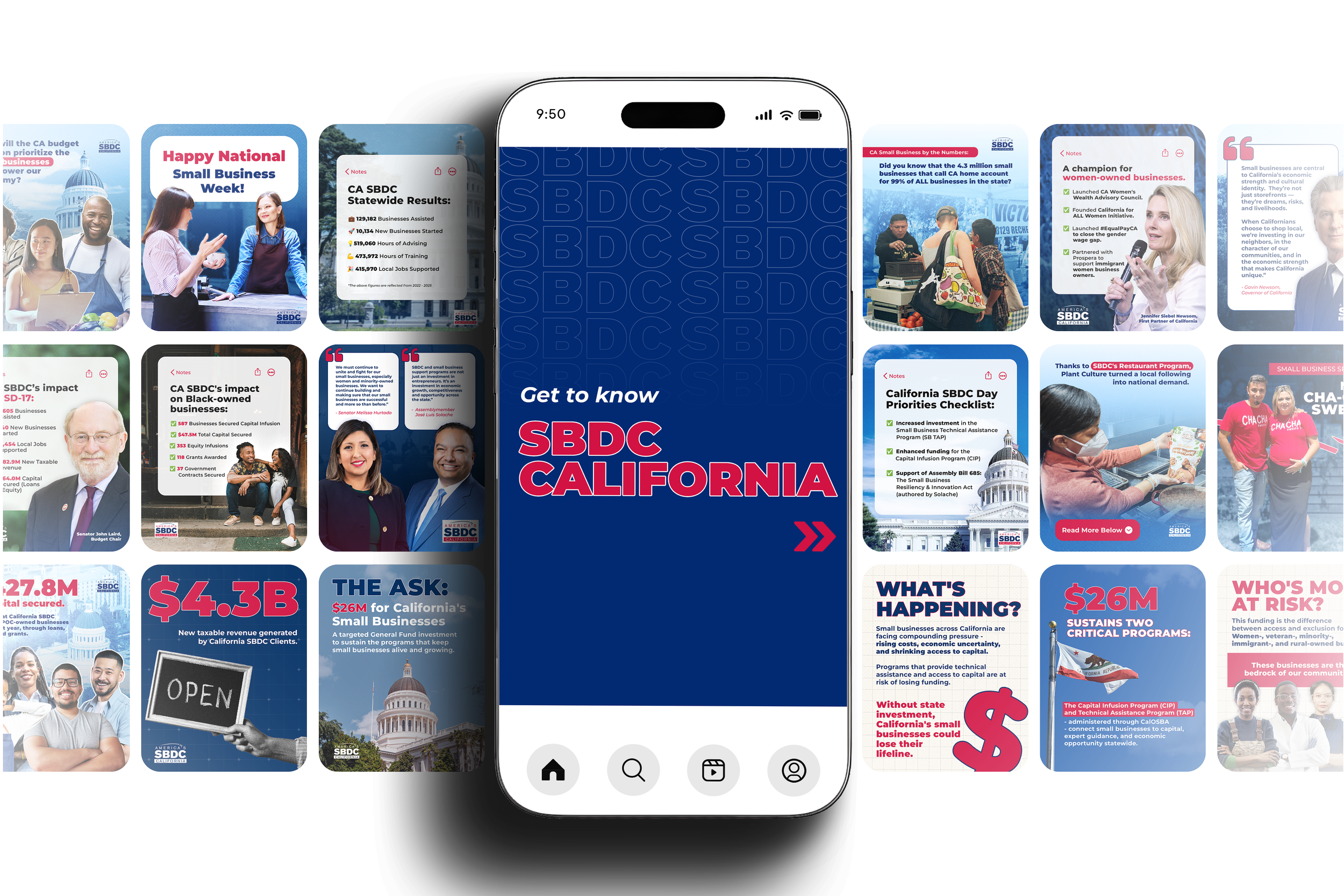 A smartphone displaying a collage of various digital cards and infographics related to California Small Business Development Center (SBDC), with text and images about small business achievements, funding, and initiatives.