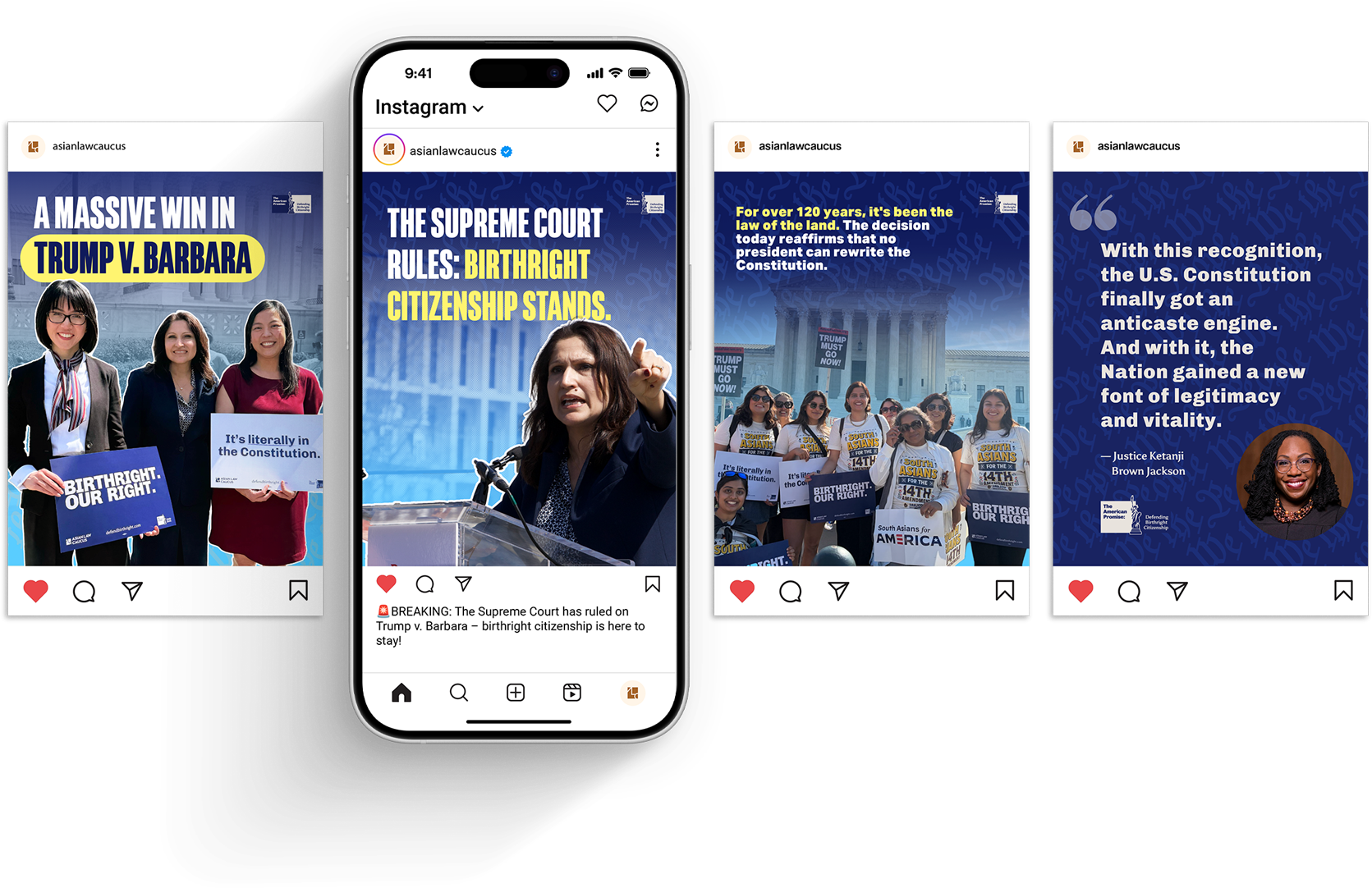 Screenshots of social media posts and a mobile phone displaying an Instagram page from the Asian Law Caucus, with messages about a Supreme Court ruling on birthright citizenship, and photos of people protesting and holding signs at the Capitol.