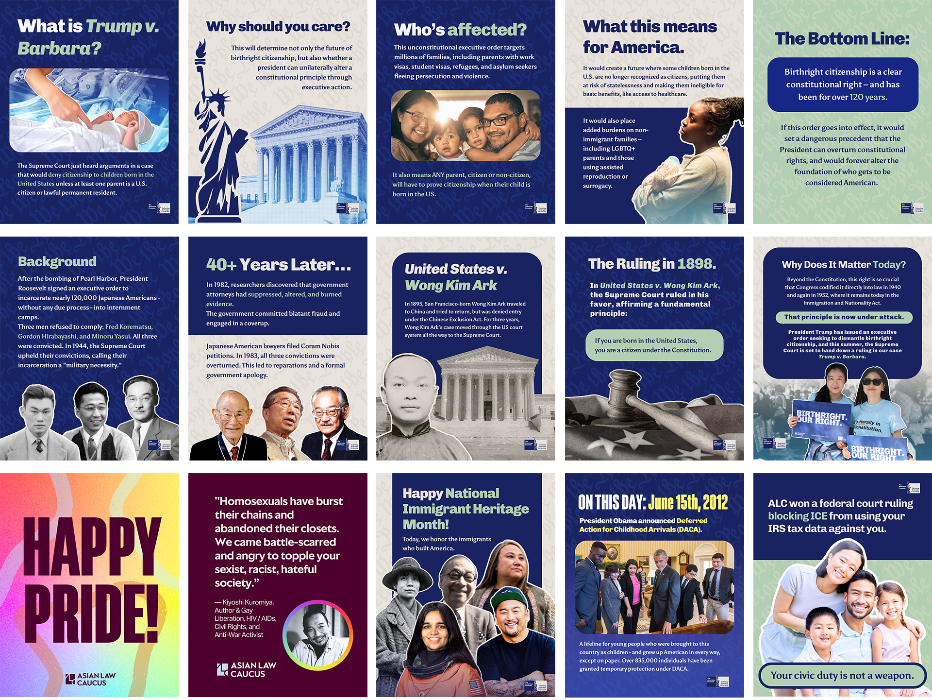 A collage of posters and images discussing various social and political topics, including immigration, birthright citizenship, LGBTQ+ rights, pride, significant court rulings, and immigrant heritage, with photos of diverse people and symbols like the Statue of Liberty.
