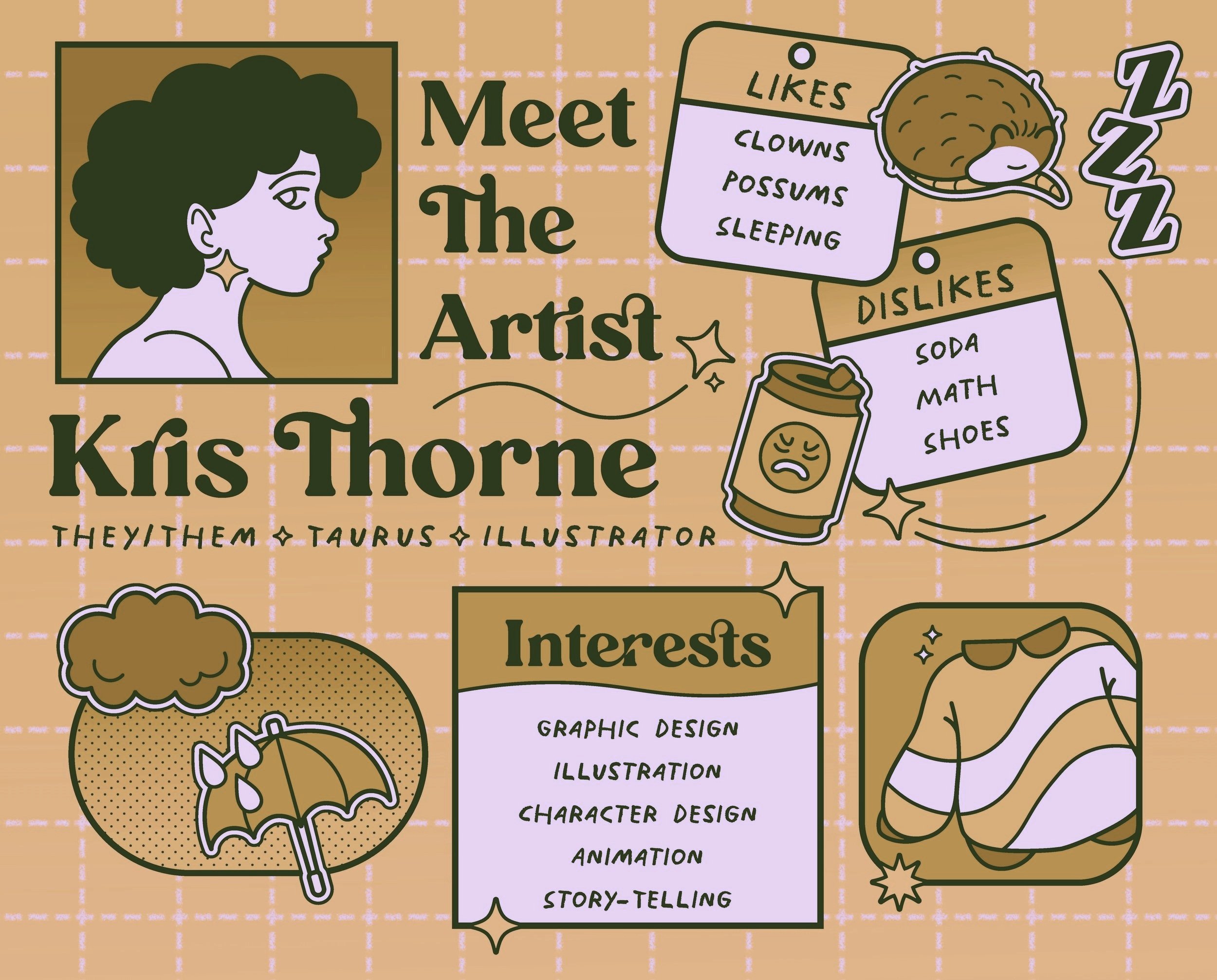 Illustration of a woman with curly hair and star-shaped earring on the left side, along with various graphic design elements, text bubbles listing preferences such as likes, dislikes, and interests, including clowns, summing, soda, math, shoes, and more, with decorative icons like an umbrella, beverage, and a character in a hoodie.