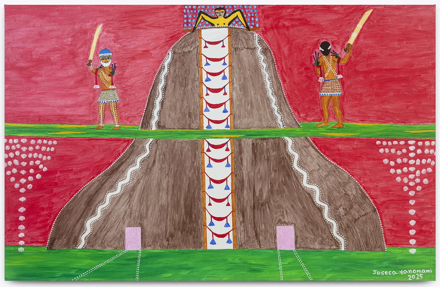 A colorful drawing depicting a large mound or mountain with a pathway decorated with red and blue banners leading to the top. Two Indigenous warriors, one male and one female, stand on either side of the mound, holding large swords. At the peak, a figure in yellow with black features and glasses is sitting on top of a smaller mound, and a person in tribal attire stands nearby. The background is pink, with green grass at the base, and the artist's signature and date are in the bottom right corner.