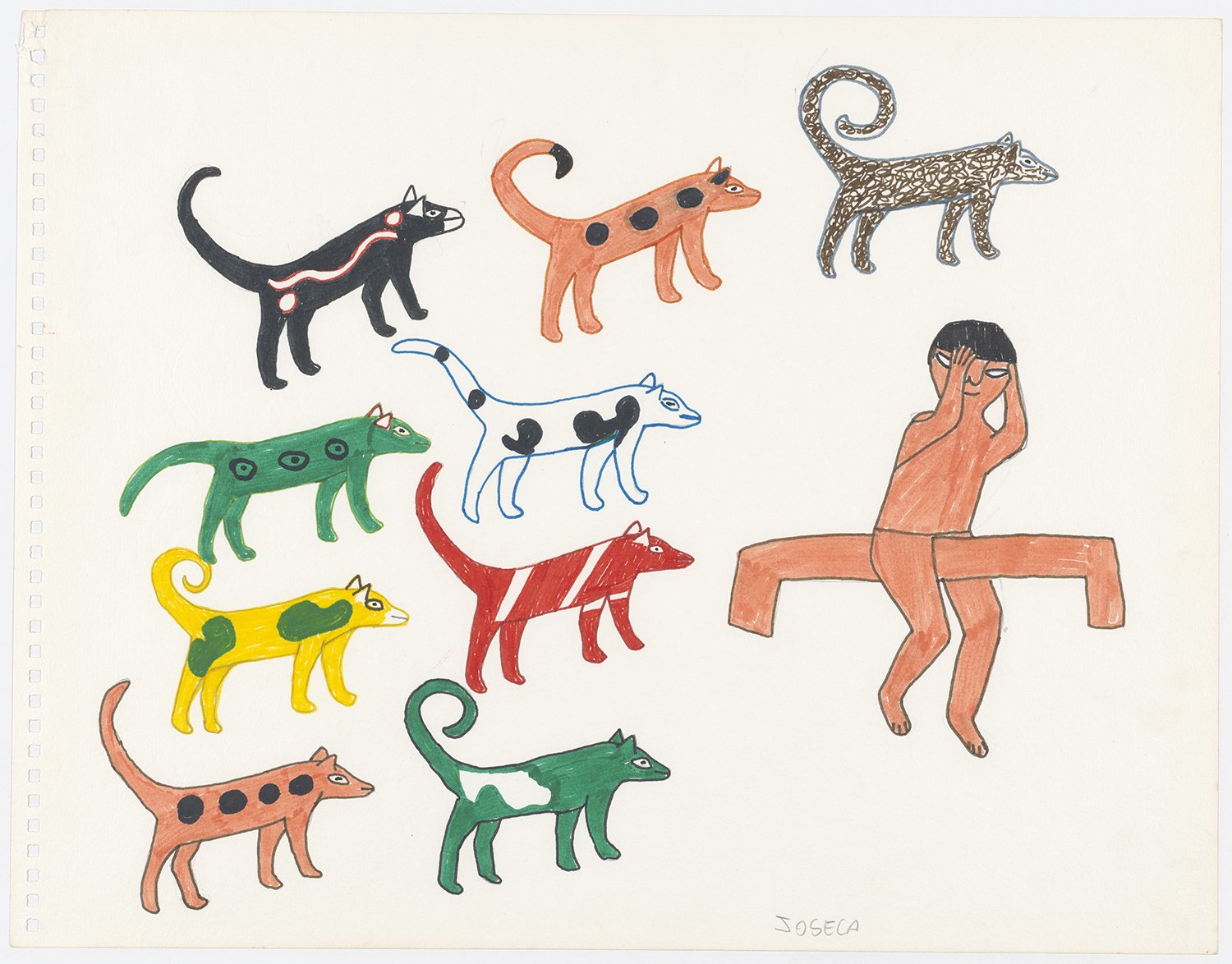 Os cães do espírito maligno Kamakari atacam uma mulher Yanomami doente que está sentada em um banco. | 2003, tinta de caneta hidrográfica, lápis de cor e grafite sobre papel, 30 × 42 cm.