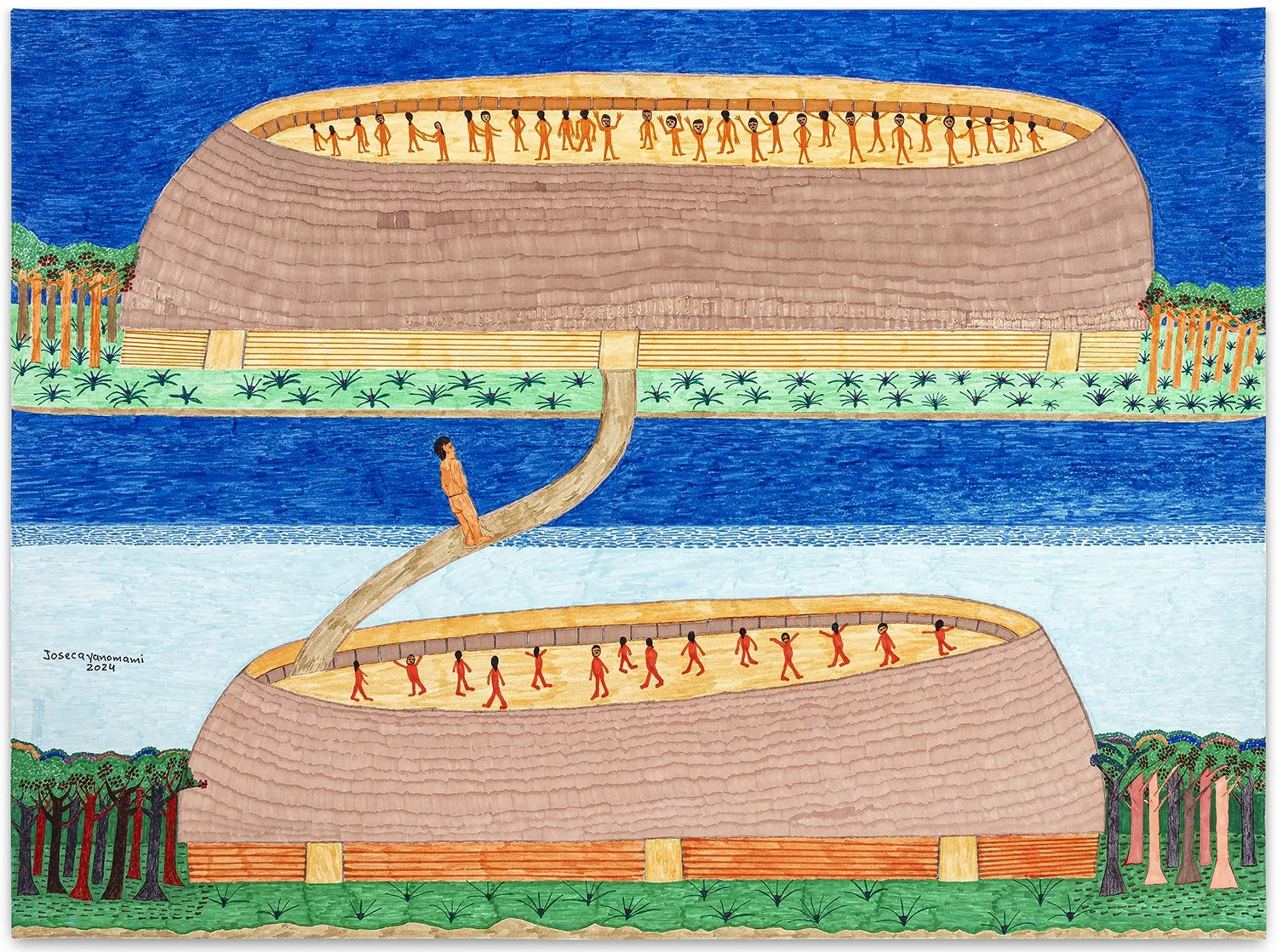 Colorful illustration of a large, multi-level structure with walking paths, trees, and water surrounding it. People are walking on paths inside the structure, which has a spiral ramp connecting levels. The top level has people holding hands and the bottom level has people walking in lines.