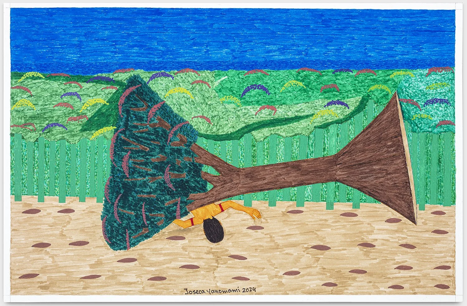 A colorful drawing of a person being hit by a large tree branch, with a background of green bushes and a blue sky, on a brown ground.