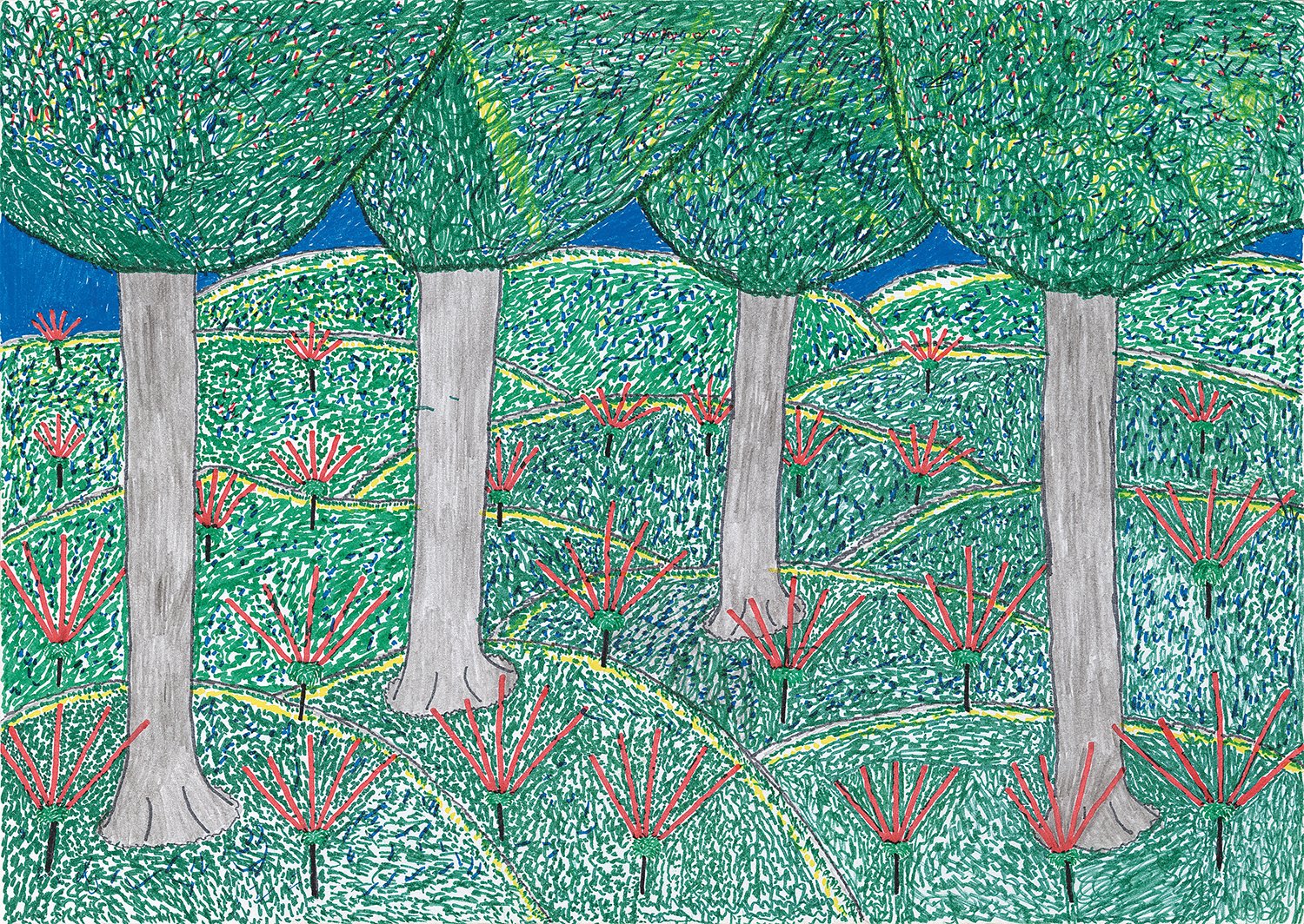 A floresta dos espíritos xapiri pë. O chão da floresta é coberto de ornamentos característicos dos espíritos: plumas de rabo de arara vermelha. | 2003, tinta de caneta hidrográfica, lápis de cor e grafite sobre papel, 21 × 29 cm.