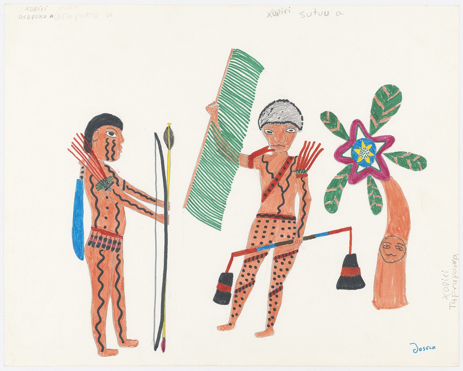 Retrato de três xapiri malignos: Arapoko, muito perigoso, com todas as suas armas; Suhu, com a cabeça infestada de piolhos; e Taprayoma, espírito da planta que causa coceira. | 2003, tinta de caneta hidrográfica, lápis de cor e grafite sobre papel, 3