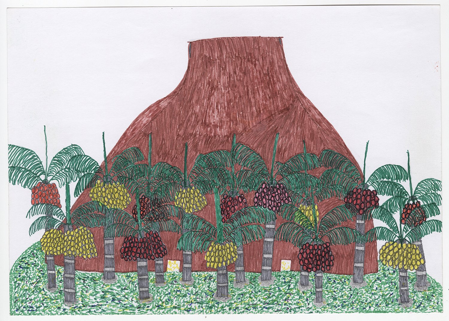 Casa dos espíritos xamânico da fertilidade da floresta, në ropëyoma, que faz crescer as árvores e as plantas. | 2003, tinta de caneta hidrográfica, lápis de cor e grafite sobre papel, 32 × 40 cm.