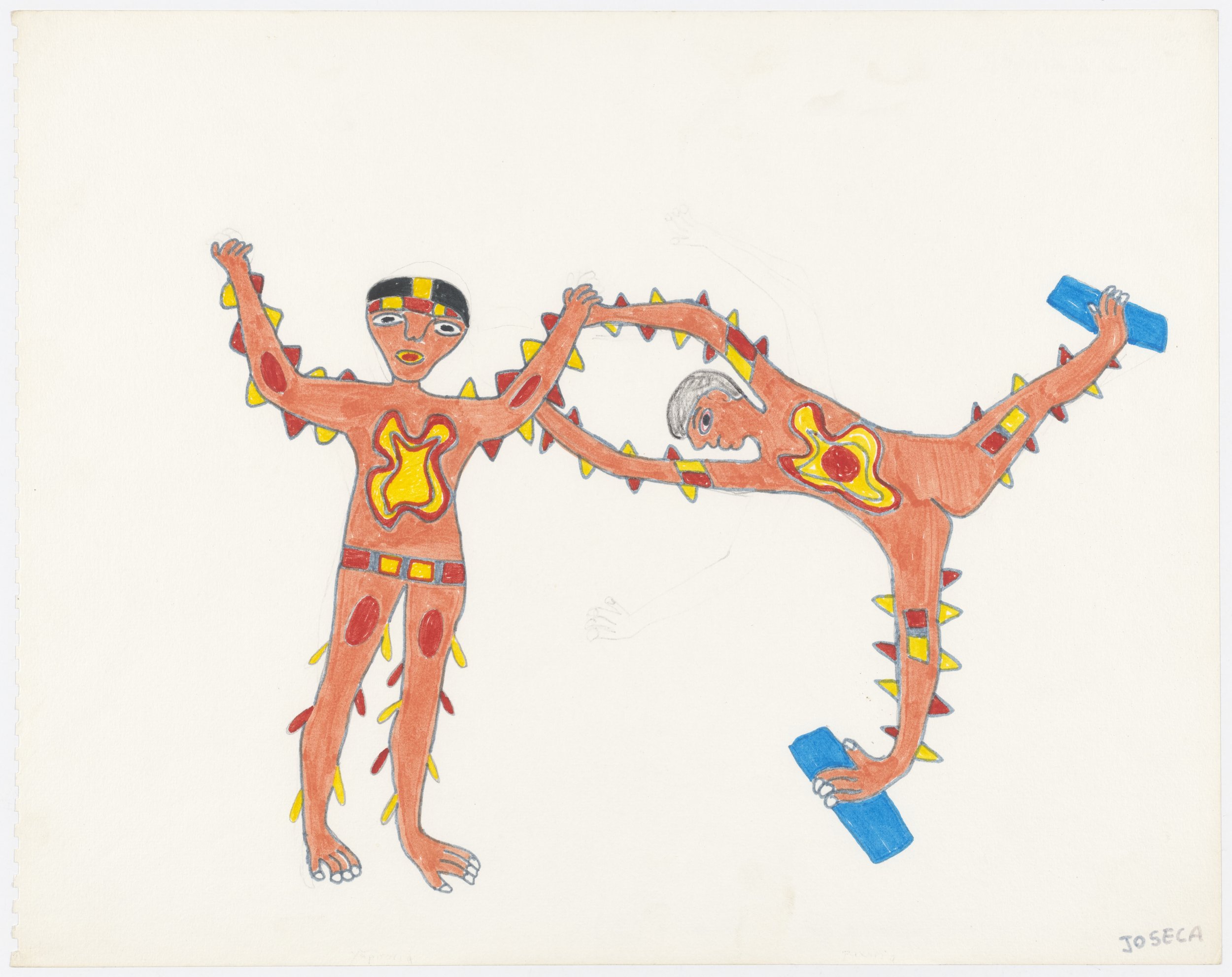 Paxori, o espírito do macaco, segura Yãpirari, o espírito do relâmpago, para que ele possa se acalmar. | 2003, tinta de caneta hidrográfica, lápis de cor e grafite sobre papel, 30 × 42 cm.