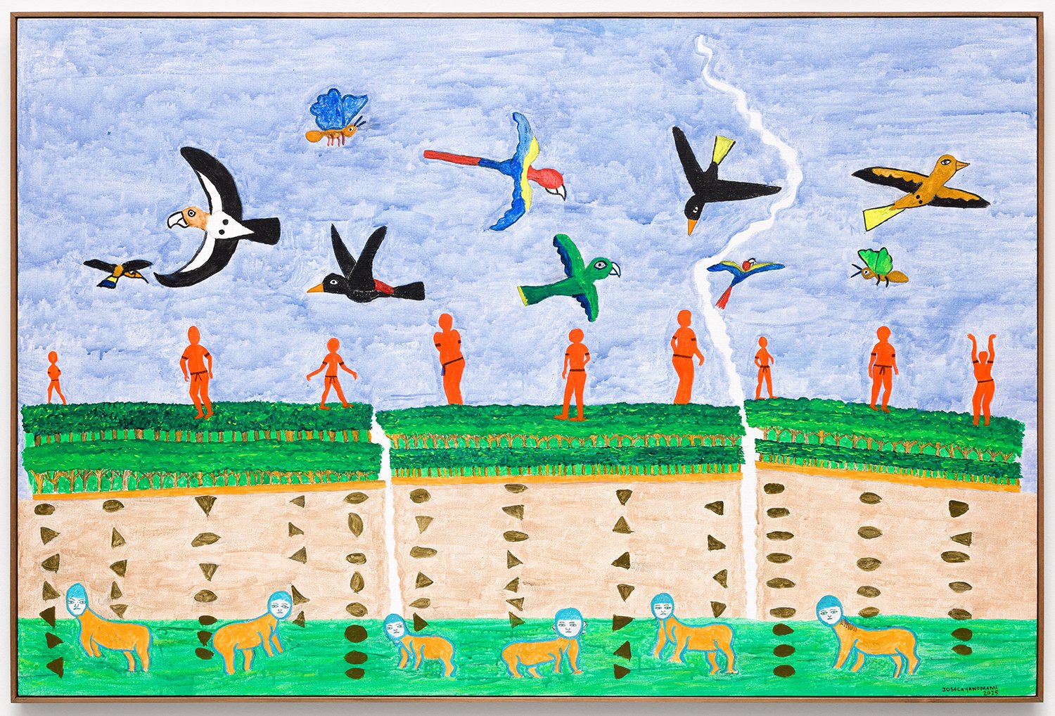 Palavras sobre quebrar o céu. Quando esse céu cair, não cairá em uma terra-floresta boa. A terra-floresta realmente vai piorar muito, e por conta disso, todos os animais fugirão, as araras, os papagaios, os mutuns, as antas, os porcos-do-mato, as onç