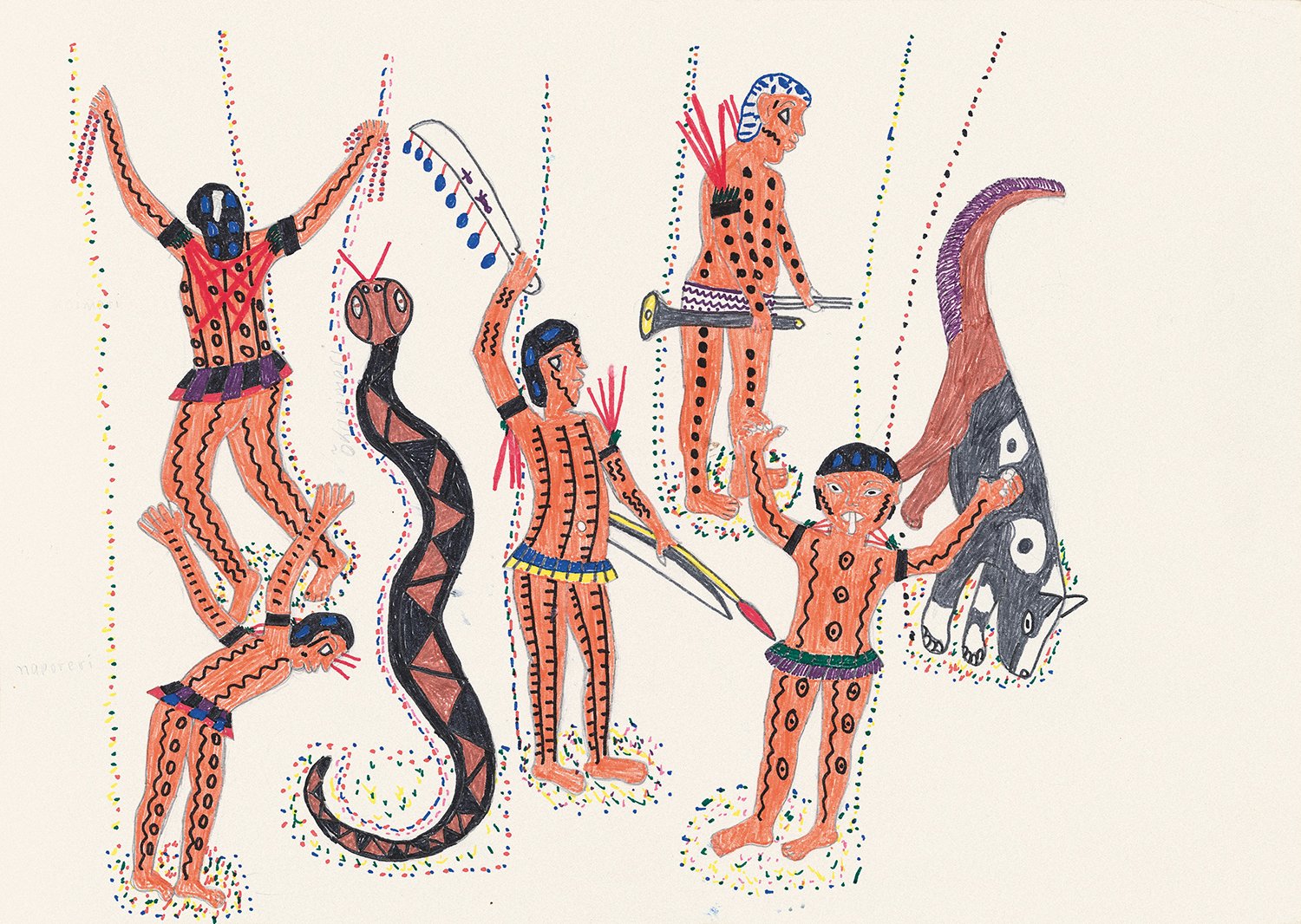 Quando os Yanomami tornam-se xamãs, eles dançam como os espíritos, fazendo sua dança de apresentação. | 2003, tinta de caneta hidrográfica, lápis de cor e grafite sobre papel, 21 × 30 cm.