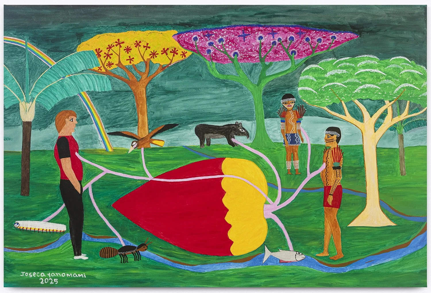 Sobre como é o grande coração da Terra. Nós yanomami, os não indígenas, os animais que andam no chão, os animais que voam, e os animais aquáticos, não conhecemos o grande coração da Terra. Somente os espíritos xapiri pë e os xamãs o conhecem, por iss