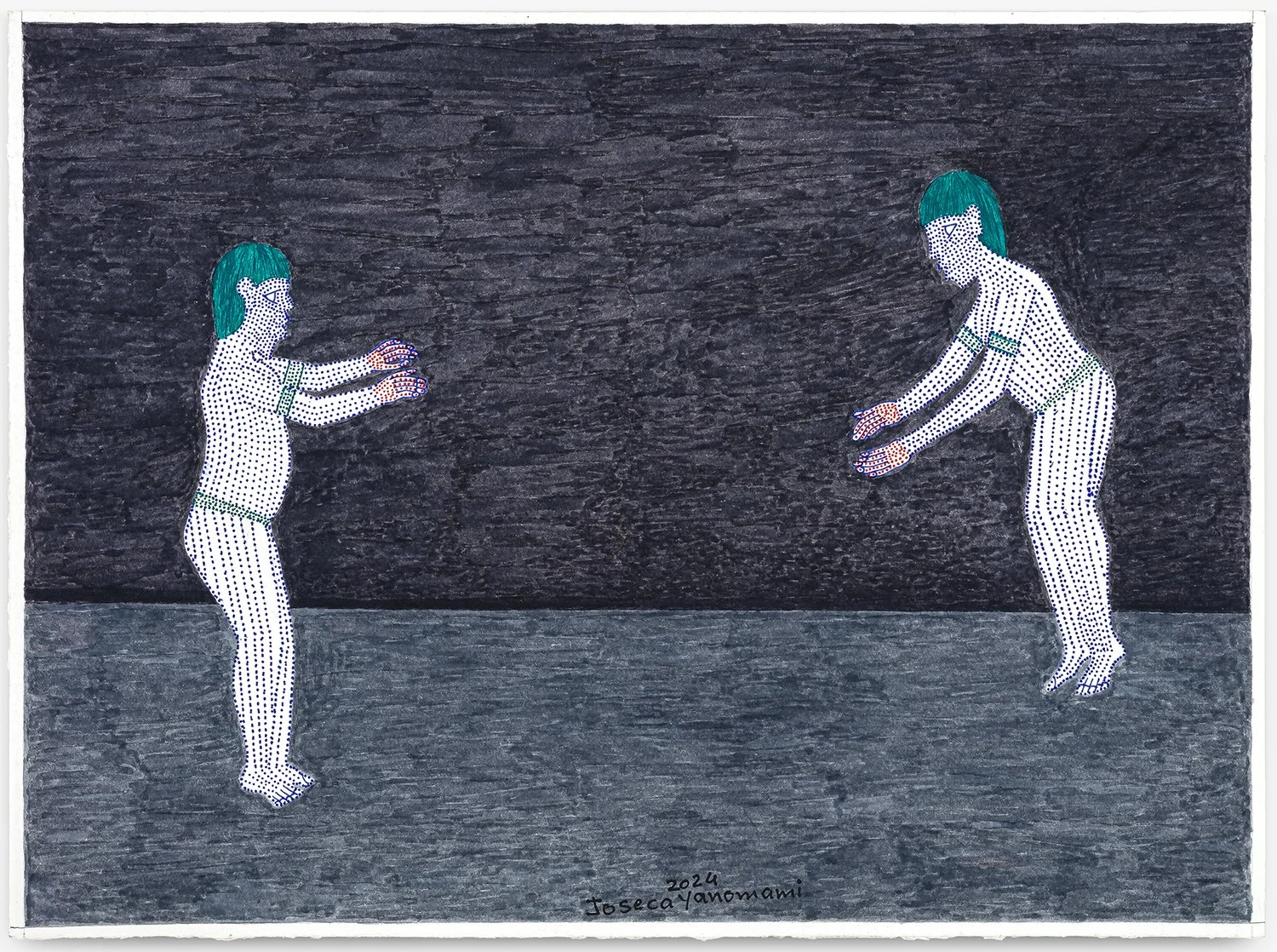 Artwork depicting two figures with teal hair and dotted clothes, one on the left reaching out and one on the right preparing to catch. The background is dark with a lighter ground area at the bottom. The artist's signature and date, 2024, are at the bottom.