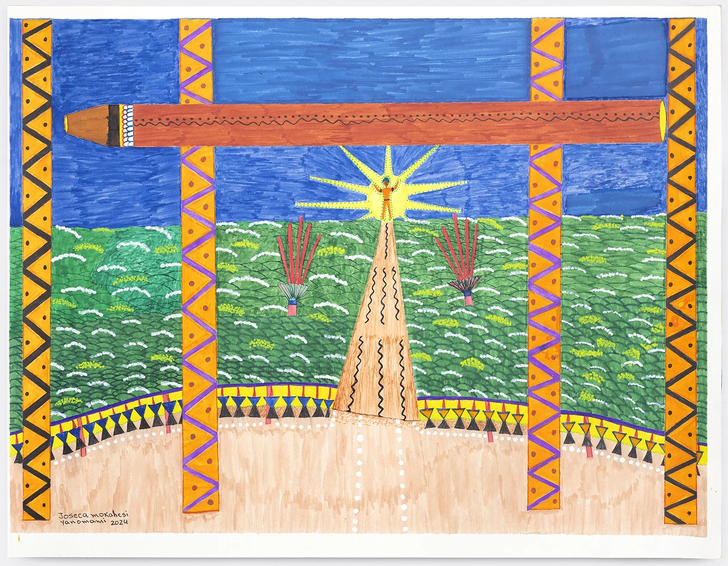 Esta é a casa dos xapiri, o lugar onde nós, Yanomami, aprendemos. Assim que os xamãs mais experientes fazem a limpeza do interior dos jovens iniciados, eles buscam os xapiri que estão espalhados em vários lugares e assim fazem os jovens se tornarem x