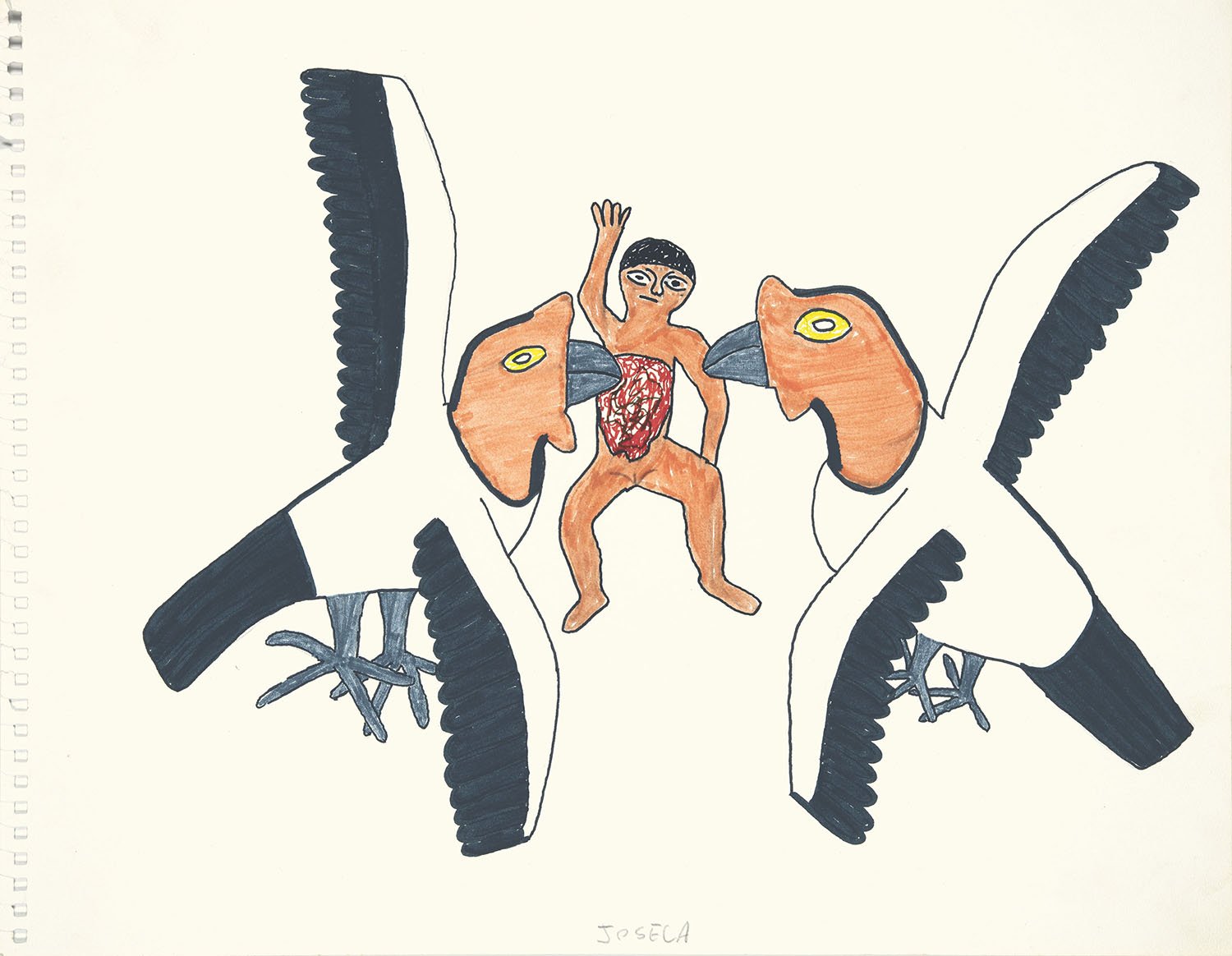 Este Yanomami está dormindo e sonhando que o espírito do urubu-rei Watupari está devorando sua imagem e seu corpo. Quando ele acordar e for trabalhar na floresta, morrerá repentinamente. | 2003, tinta de caneta hidrográfica, lápis de cor e grafite so