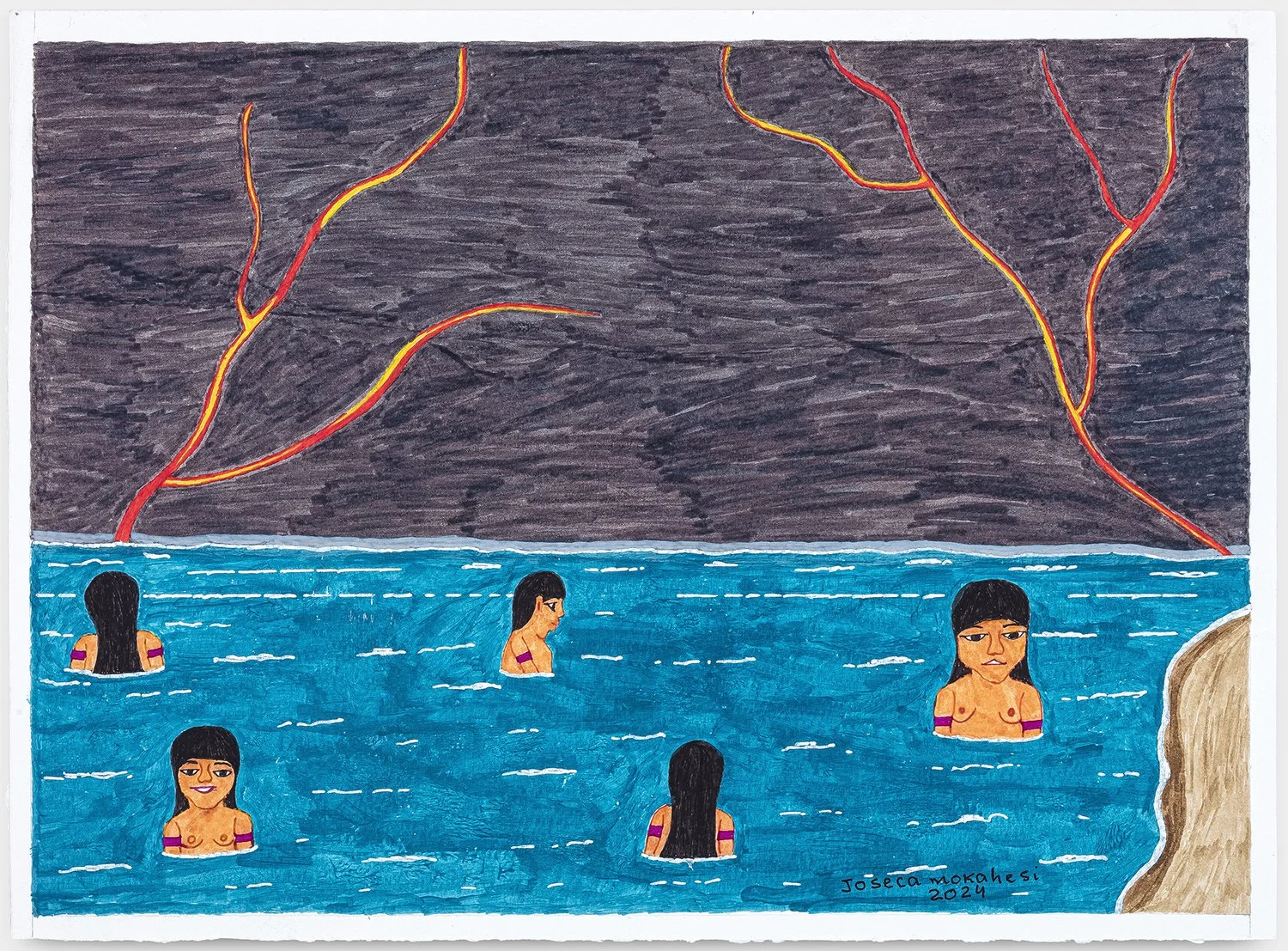 É assim que sonhamos quando uma chuva forte quer cair. No sonho a floresta escurece, venta muito forte e nós nadamos em um rio cheio. Quando acontece assim em nossos sonhos depois começará a chover. | 2025, grafite, lápis de cor, tinta de caneta esfe