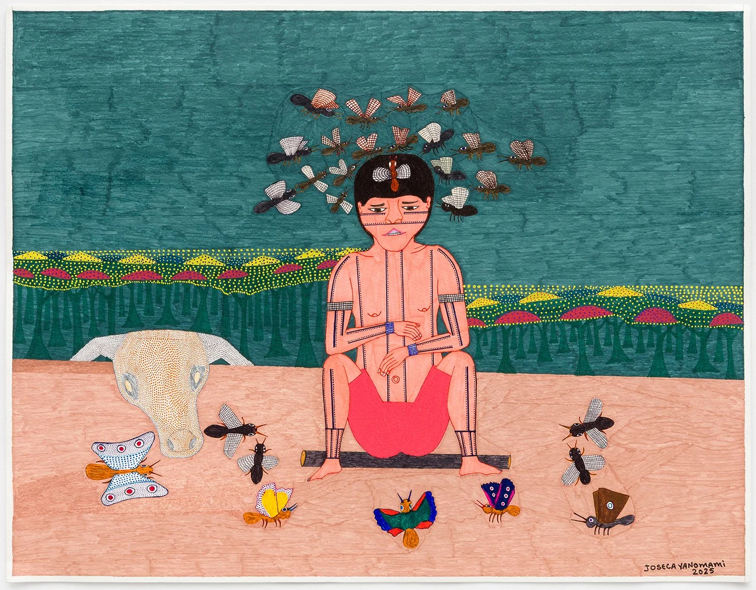 A person sitting cross-legged outdoors, surrounded by various insects and butterflies, with a large animal skull and butterflies nearby, and a background of trees and colorful flowers.