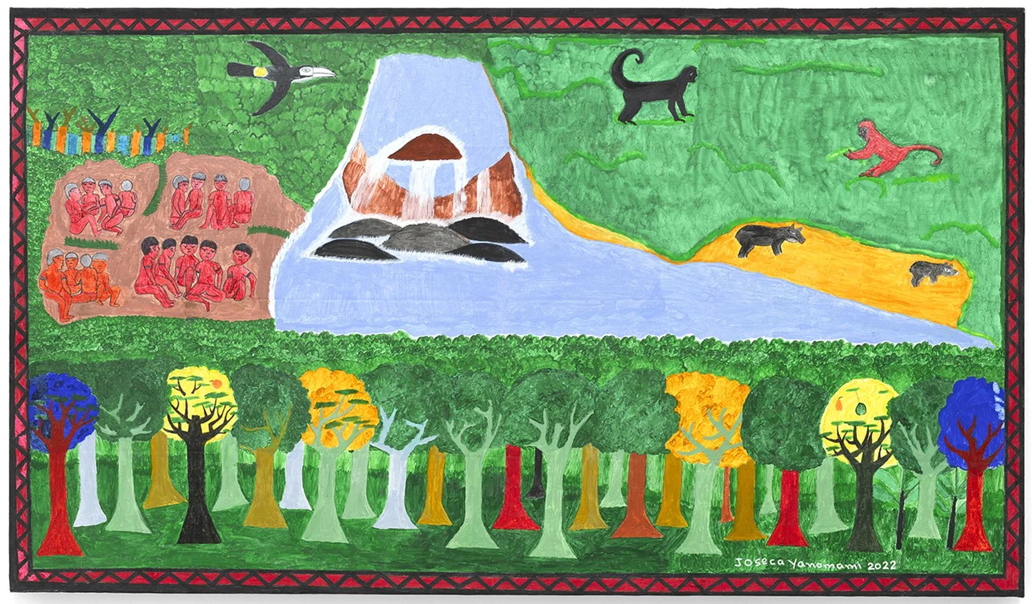 Cachoeira da queixada. Os Yanomami, não só queixada, todos estão se transformando em animais. Alguns se transformaram em queixada, outros se transformaram em guariba, macaco, tucano, porco caititu. Todos se transformaram nessa grande cachoeira há mui