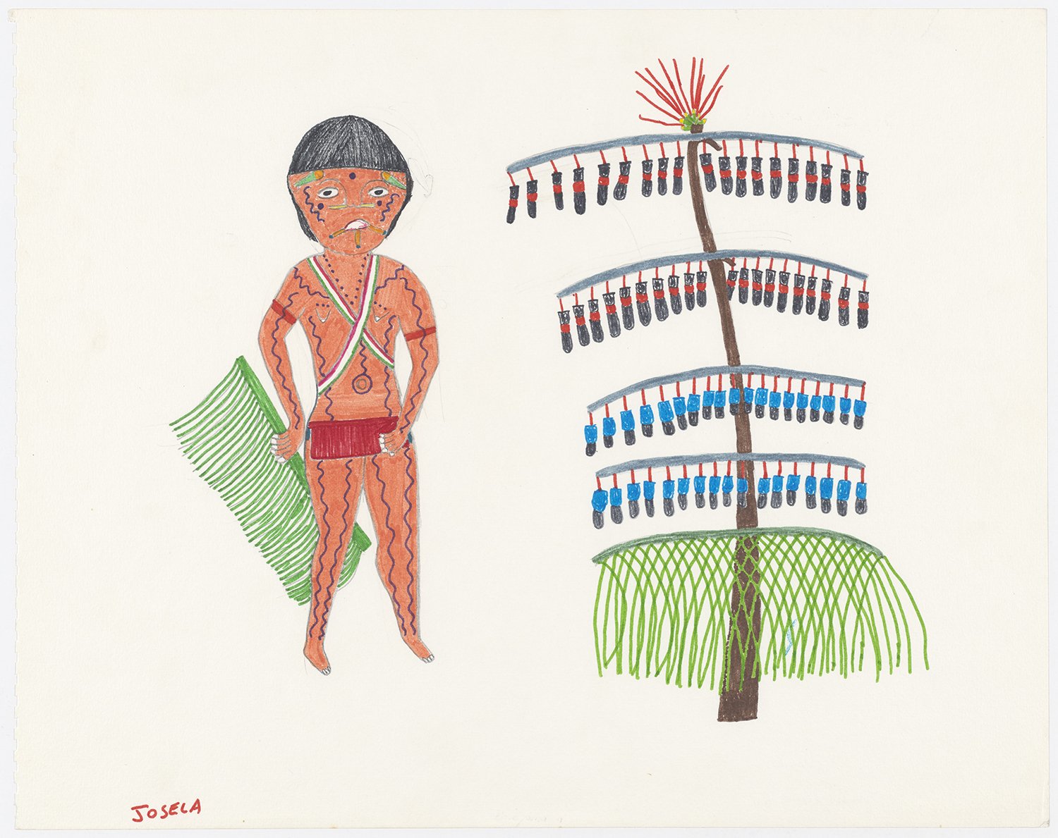 Thuëyoma, a primeira mulher, esposa do demiurgo Omama e filha do mestre das águas, Tëpërësikɨ. | 2003, tinta de caneta hidrográfica, lápis de cor e grafite sobre papel, 30 × 42 cm.