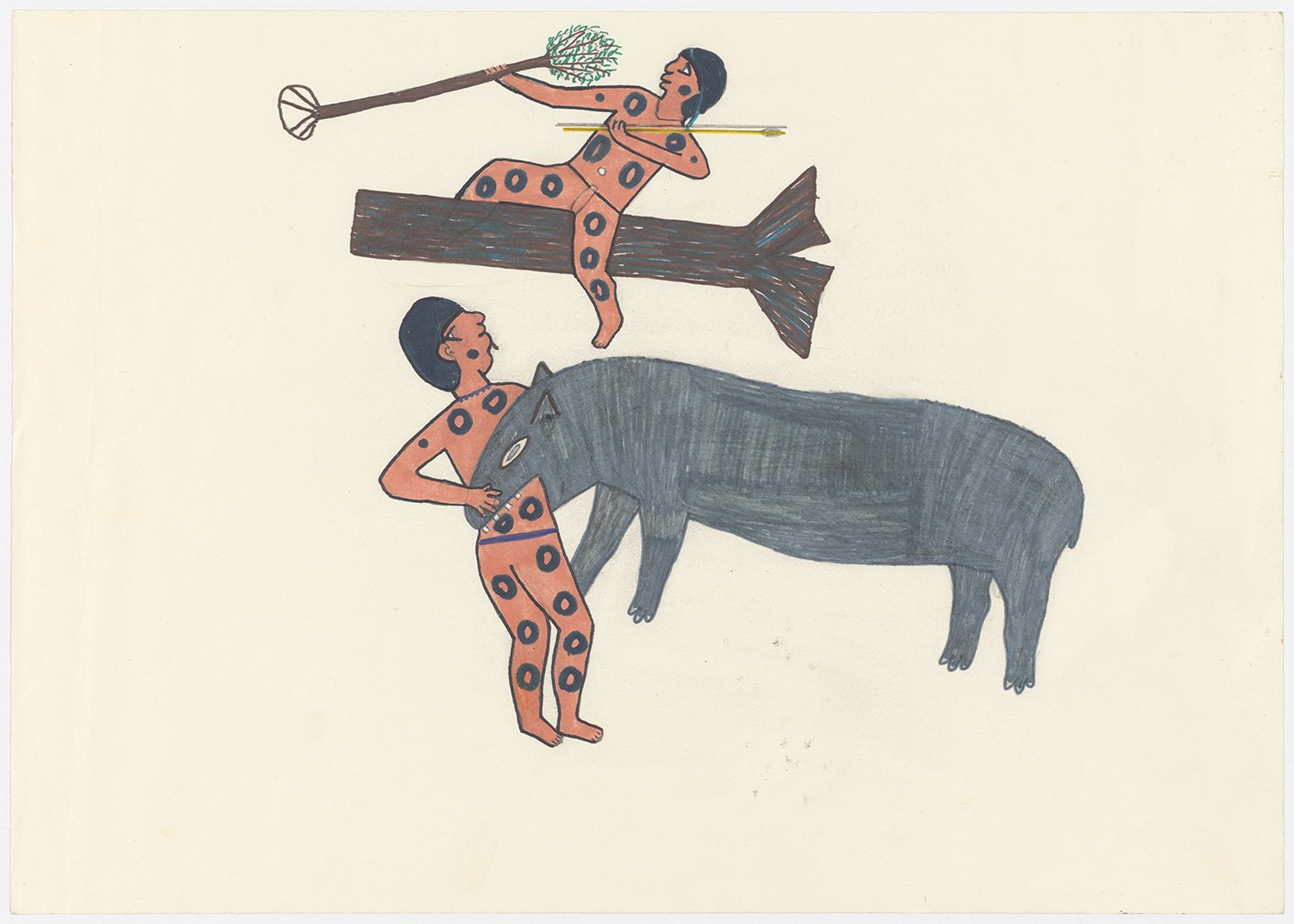 Um caçador que retornava da floresta teve as costas mordidas pelo espírito da anta, animal que ele havia caçado por ter comido sua carne proibida durante o ritual menstrual de sua esposa. | 2003, tinta de caneta hidrográfica, lápis de cor e grafite s