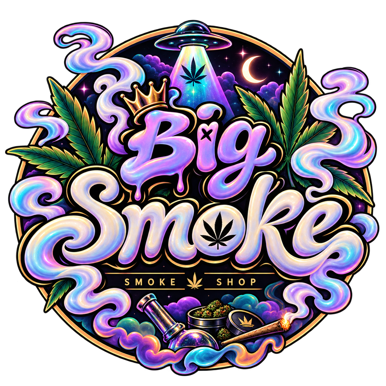 Colorful logo for 'Big Smoke' smoke shop featuring smoke clouds, marijuana leaves, a UFO with a cannabis leaf, a moon, and smoking accessories like a pipe, cannabis jar, and rolling paper.