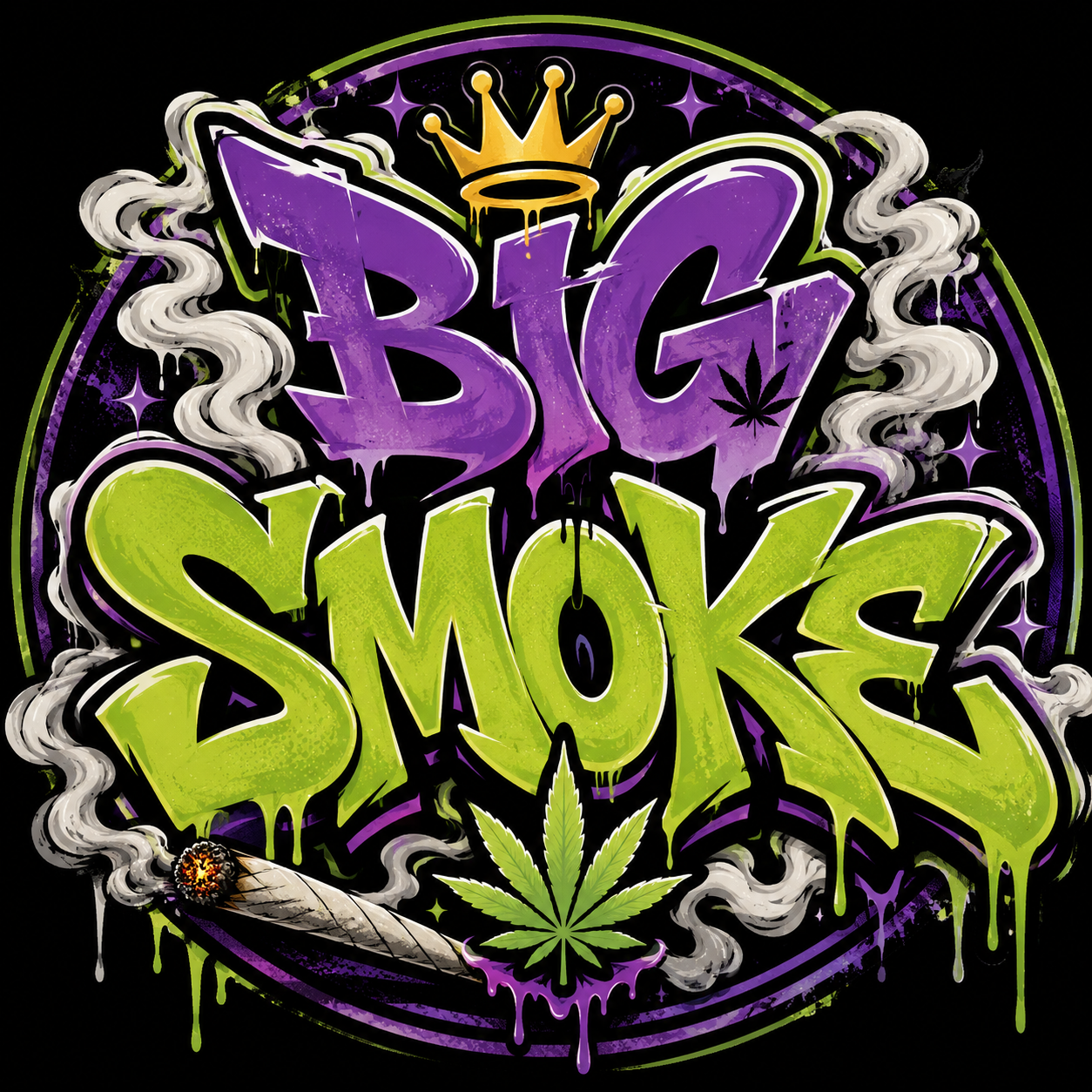 Graffiti-style artwork with the words 'Big Smoke' in purple and green, featuring a crown, a marijuana leaf, and a lit joint emitting smoke, all set against a black background.