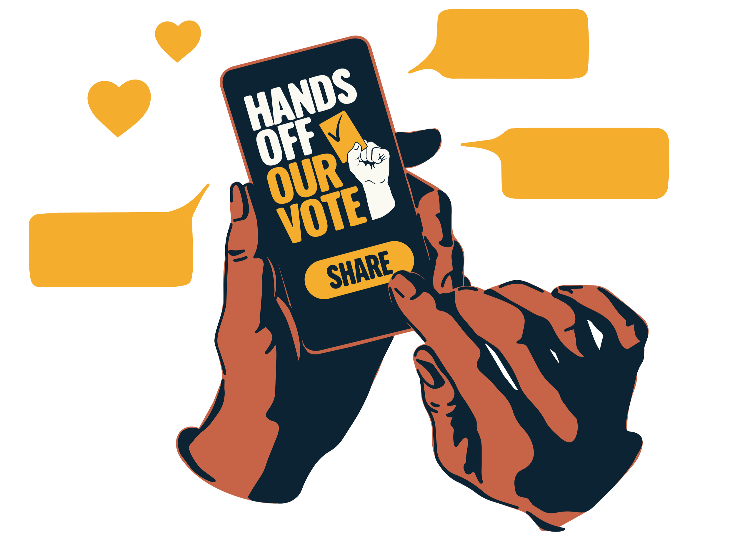 Hands holding a smartphone ready to share the 'Hands Off Our Vote' graphic.